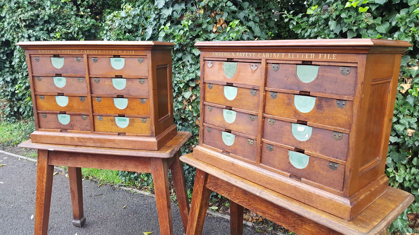 photo vinterior Matching Pair Of Walnut Amberg's Patent Cabinet Letter File