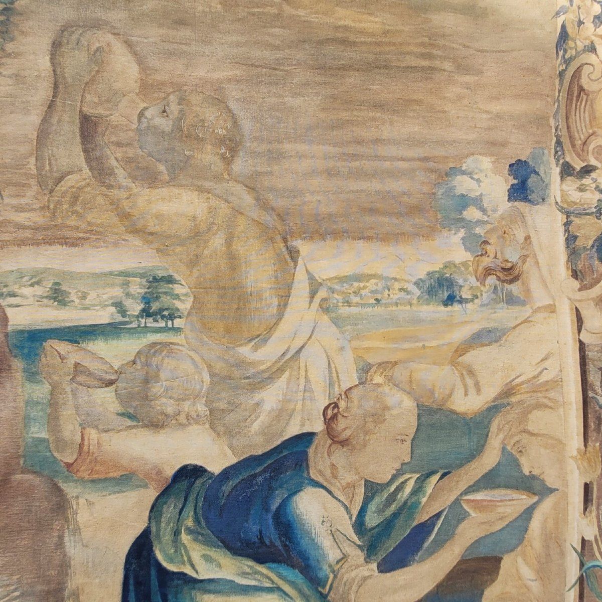photo furniture Large Painted Canvas, Figures At The Fountain, Late 19th Century