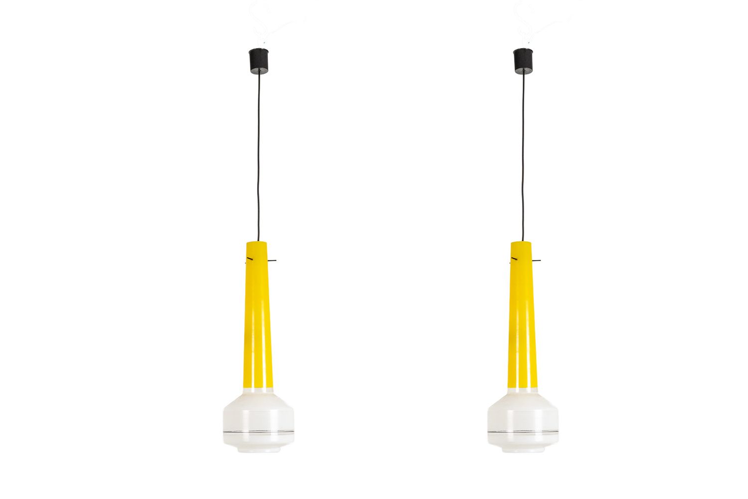 Pair Of Two Tone Yellow And White Glass Pendant Lights. 1960s