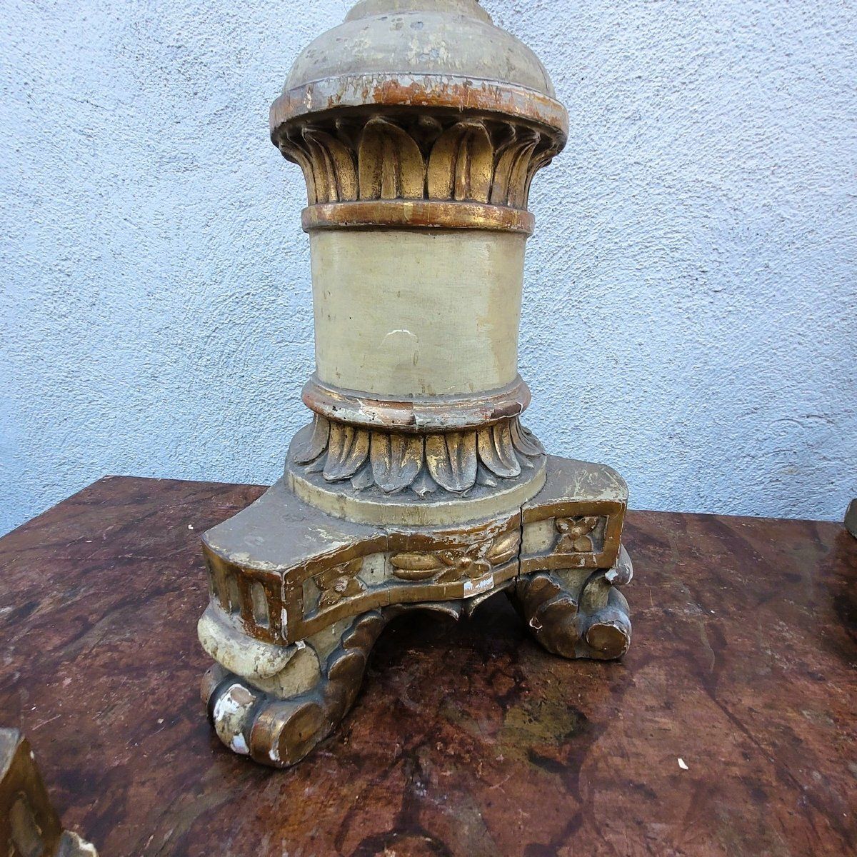 Set Of 6 Large Lacquered And Gilded Wooden Candlesticks, H140cm, Early 19th Century photo buy
