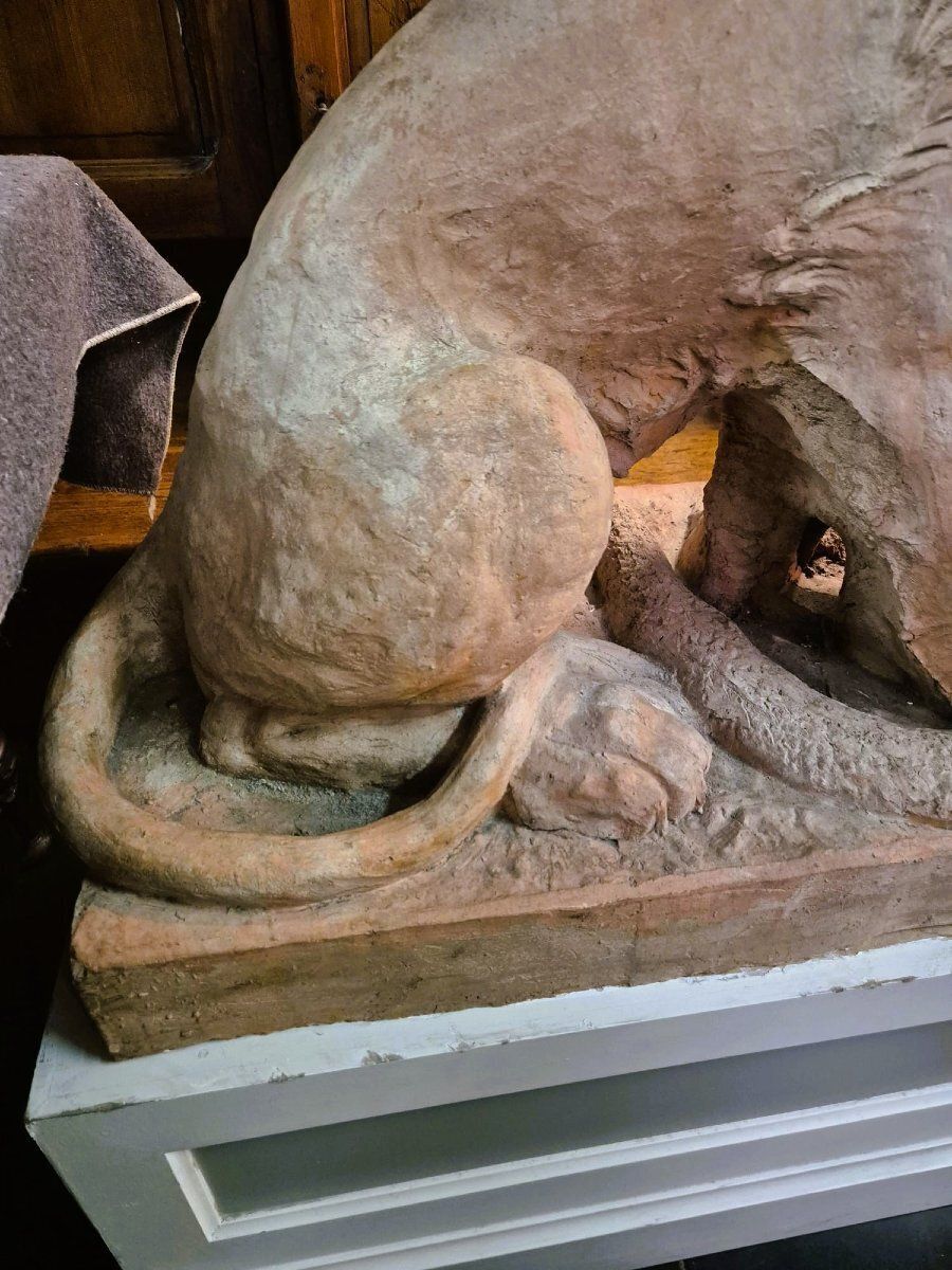 Pair Of Terracotta Lions On A Base, 19th Century photo vintage