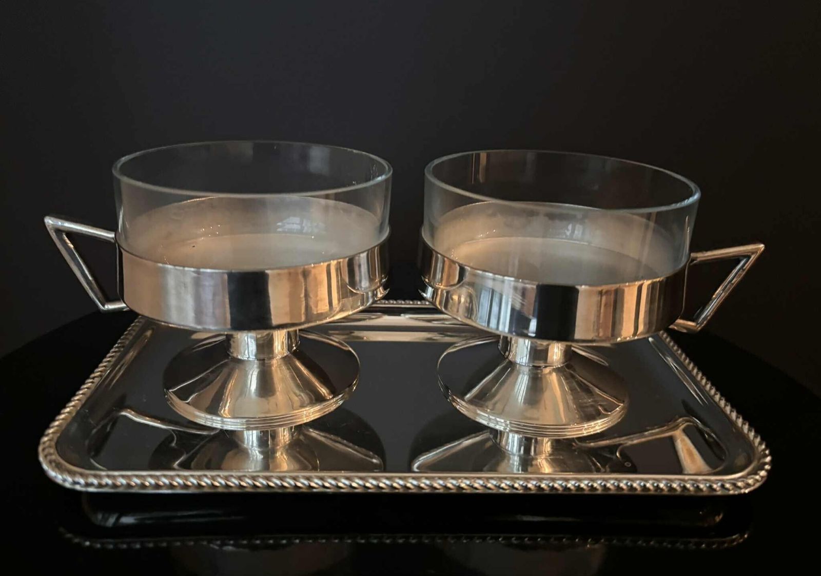 Vintage 1930s German Silver Plated Messing Versilbert Cups With Glass Inserts + Tray | Late Art Deco | Set Of 2 photo for sale