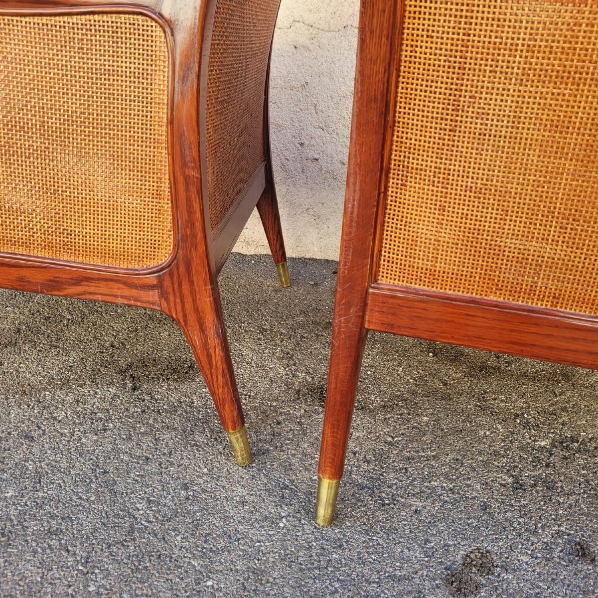 Pair Of Wooden And Rattan Woven Armchairs, 20th Century photo vintage