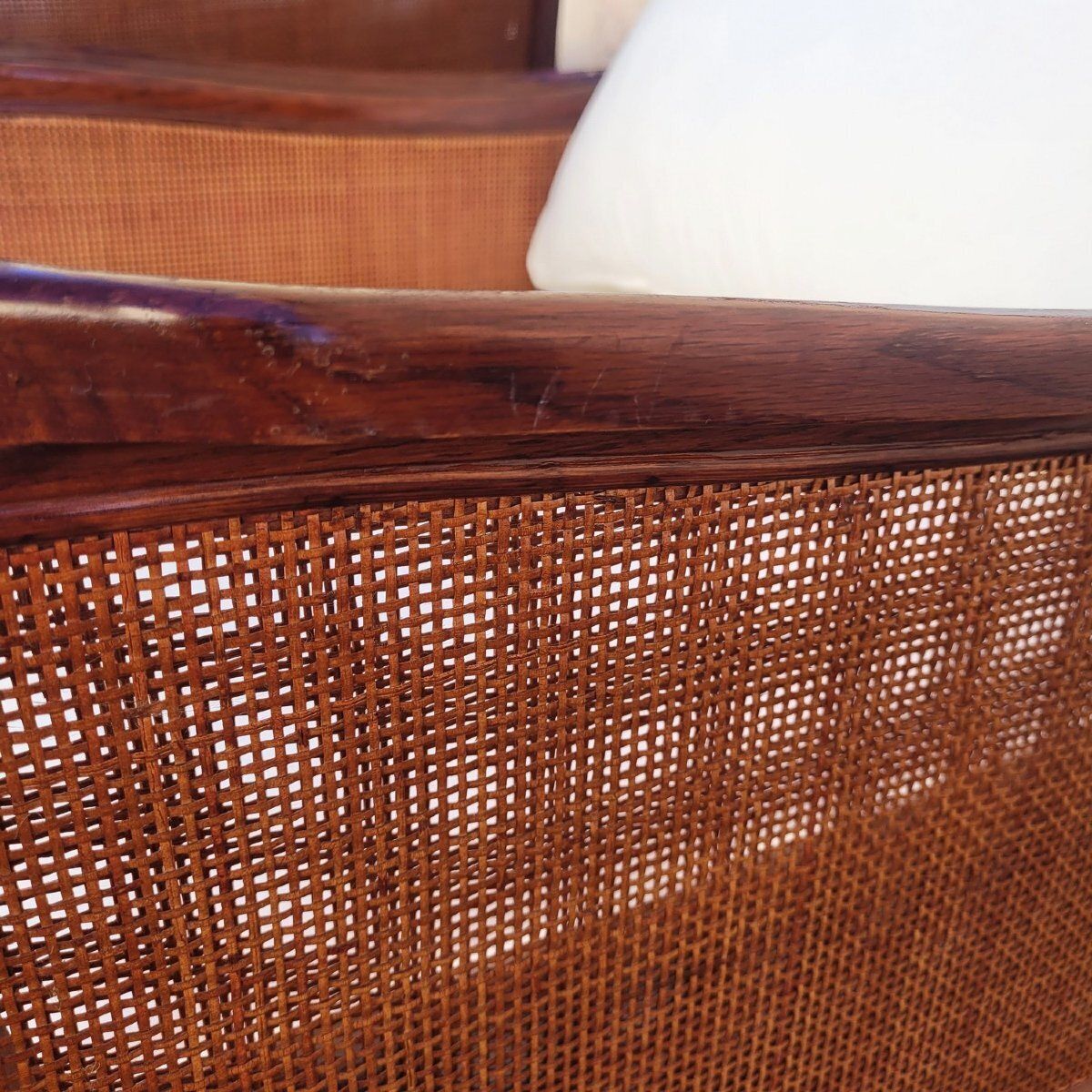 Furniture Pair Of Wooden And Rattan Woven Armchairs, 20th Century photo