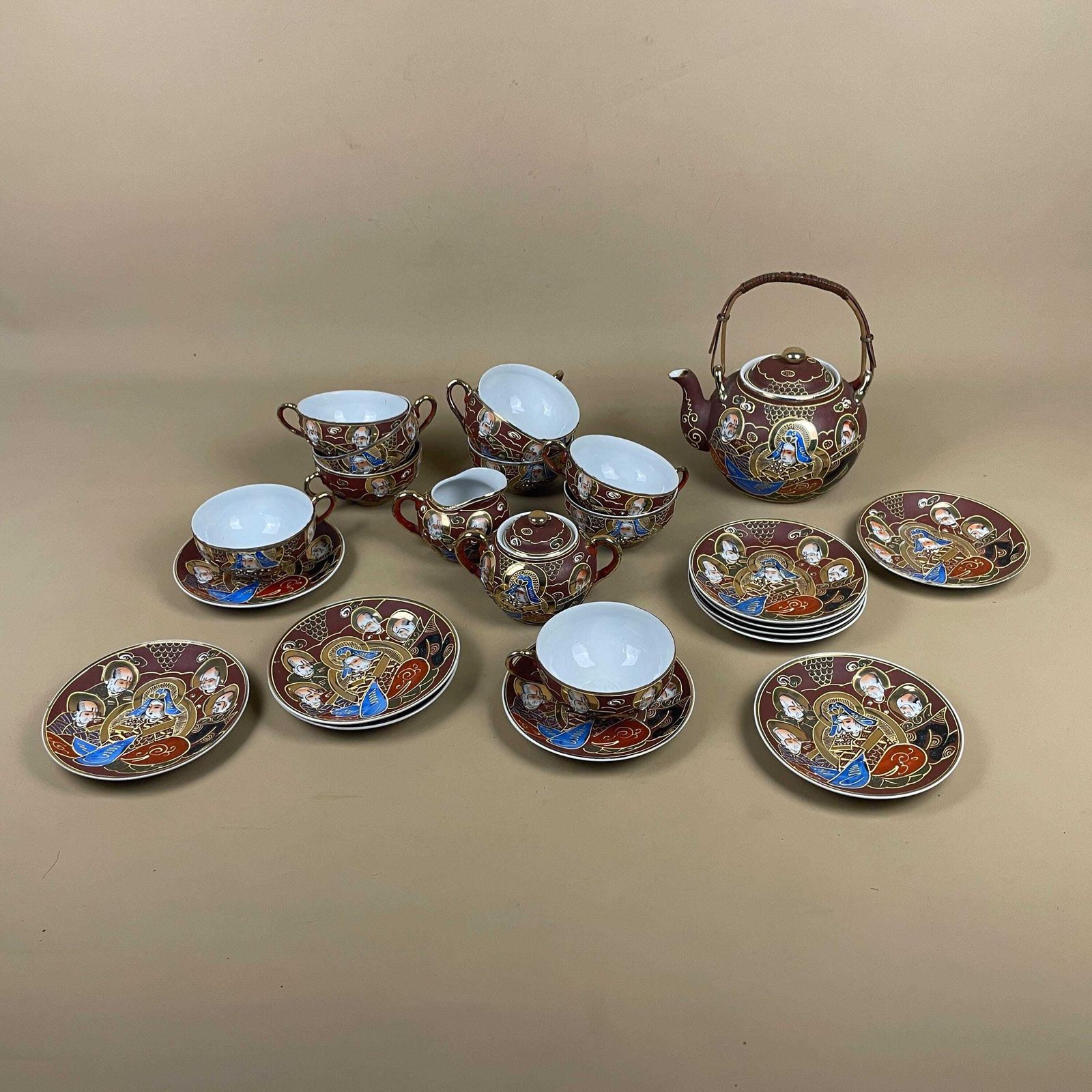 Vintage Satsuma Tea Set Japanese Moriage Porcelain Cups Teapot Saucers Raised Enamel Collectible Dragonware Asian Decor 23 Pieces. photo vinterior
