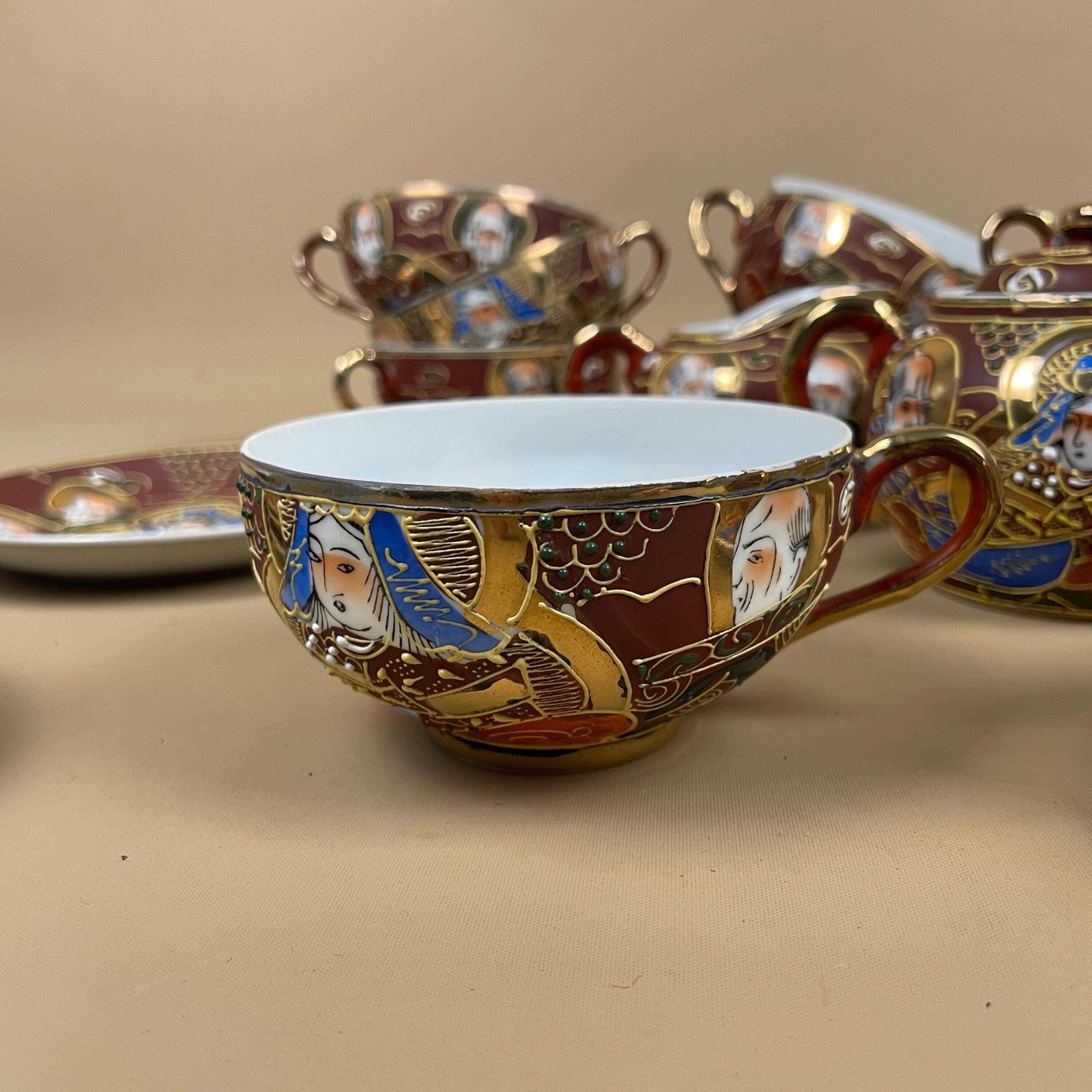 195.0 Vintage Satsuma Tea Set Japanese Moriage Porcelain Cups Teapot Saucers Raised Enamel Collectible Dragonware Asian Decor 23 Pieces. photo