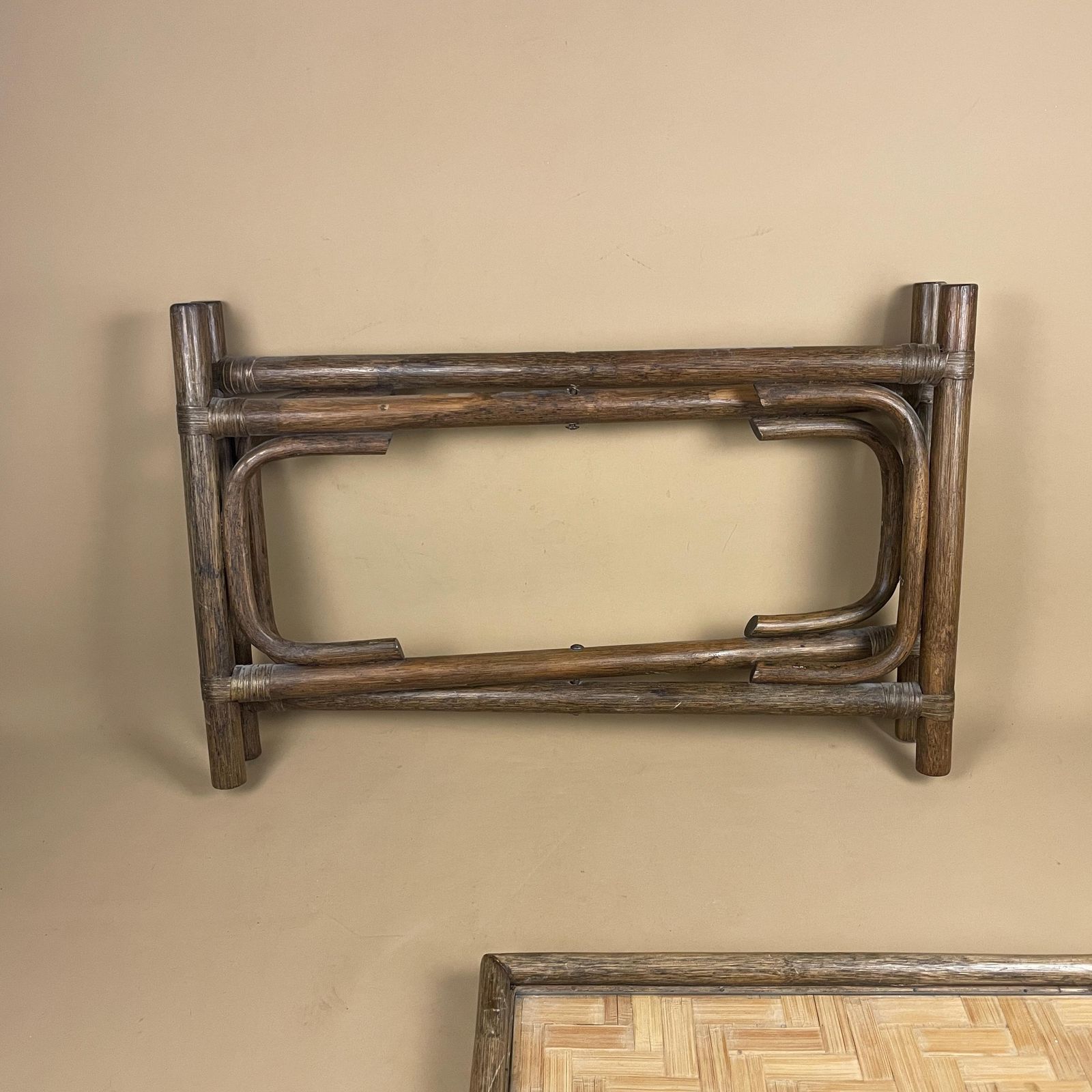 photo for sale Vintage Bamboo Rattan Table Woven Boho Side Table Glass Top Fold Down Mid Century Accent Tropical Furniture Natural Wood Home Decor.