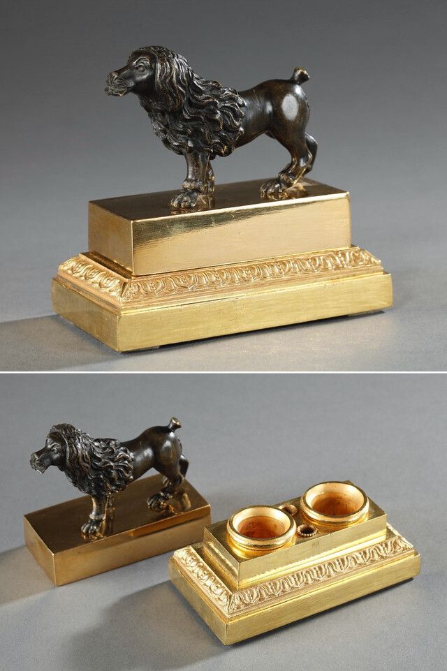 Restoration Inkwell, Gilded And Patinated Bronze Lion Dog