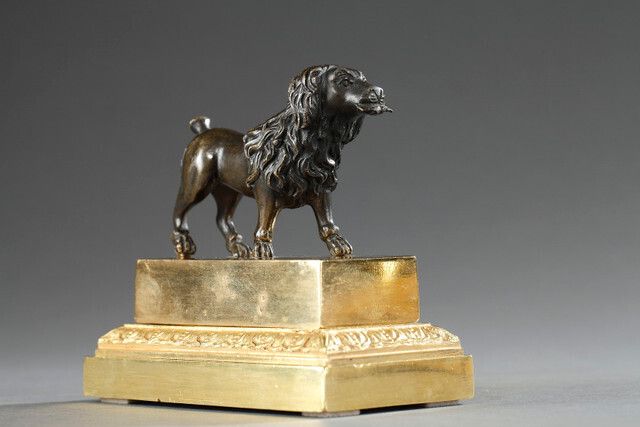 Restoration Inkwell, Gilded And Patinated Bronze Lion Dog photo vintage