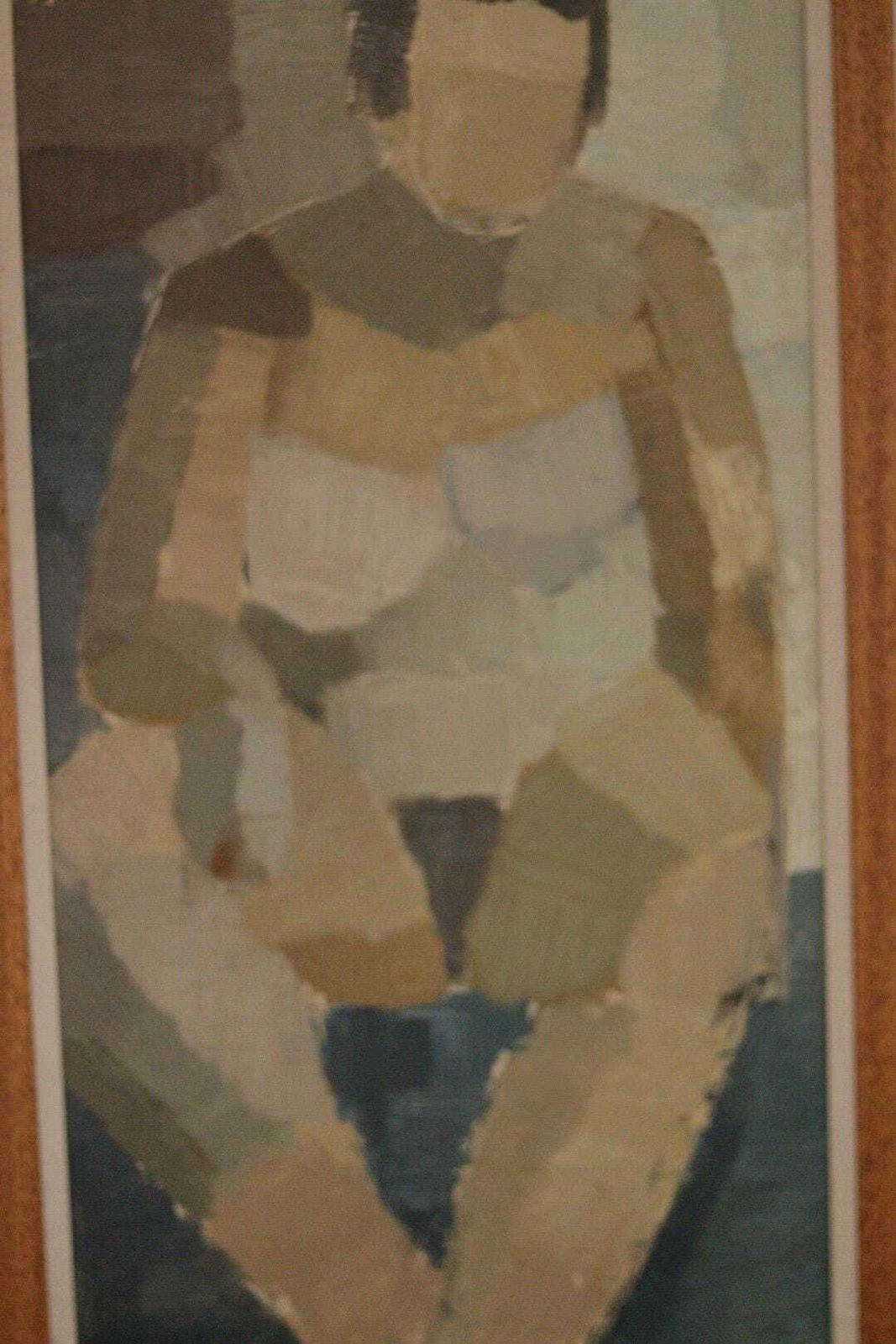 photo for sale Original Mid Century Swedish Oil On Panel – “Sitting Woman Cubist” By Hasse Hasselgren, 1961 – Vintage  & Framed  92 × 52 Cm (36.2" × 20.5")