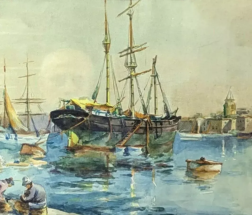 Watercolor By Gilbert Galland, Boats In The Port photo for sale
