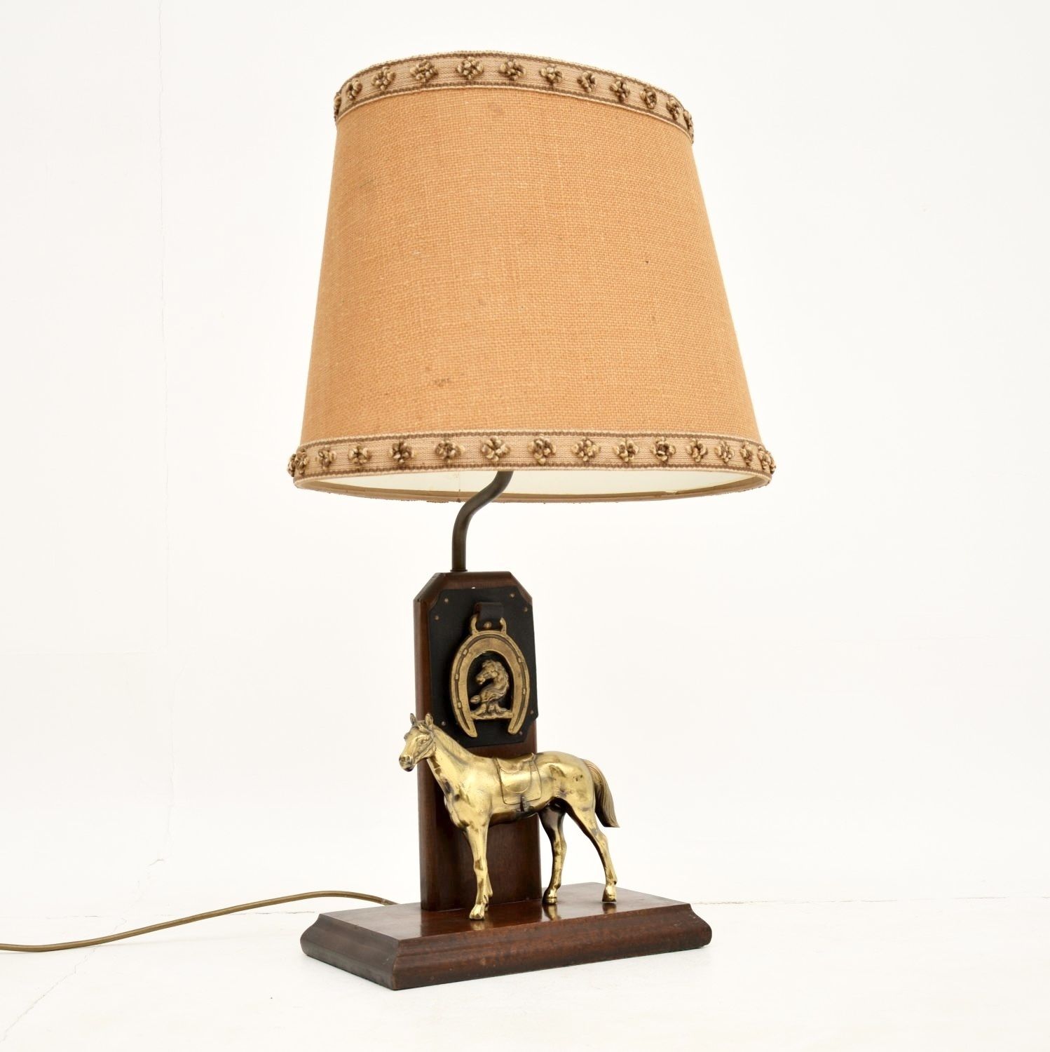 Antique Brass And Oak Equestrian Table Lamp photo furniture