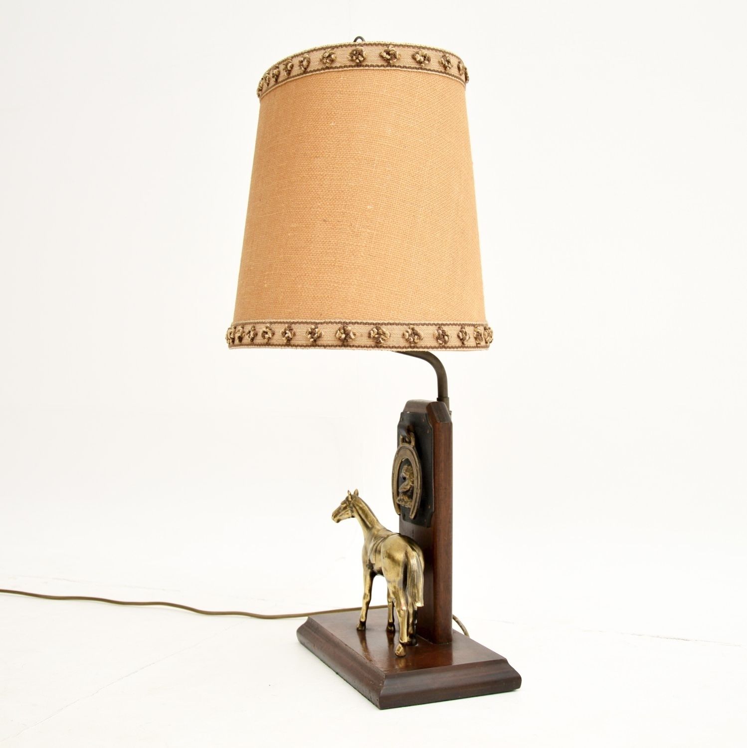 Antique Brass And Oak Equestrian Table Lamp photo for sale