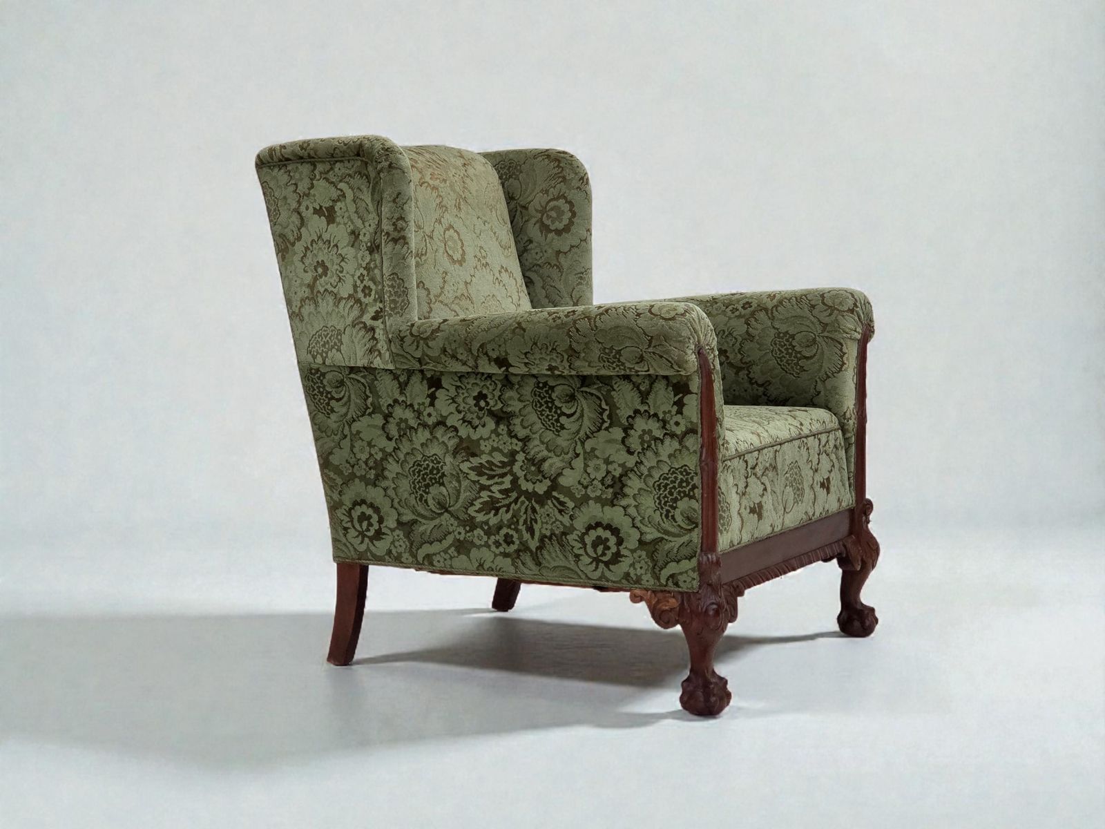 1950s, Danish Relax Armchair, Green Furniture Velour, Carved Oak Wood.