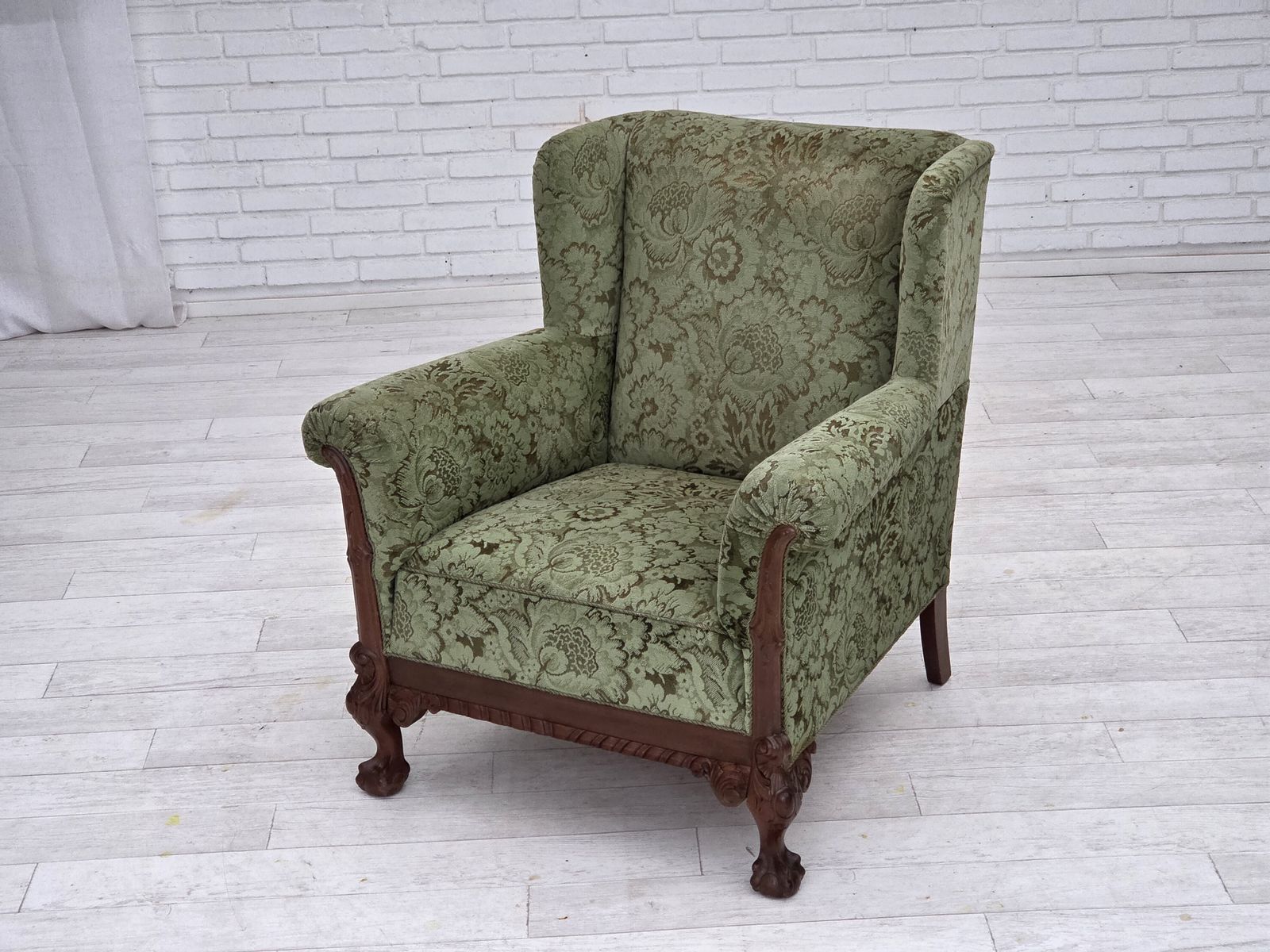 Meubels Jaren 1950, Deense Relax Fauteuil, Groen Meubelvelours, Gesneden Eikenhout. photo