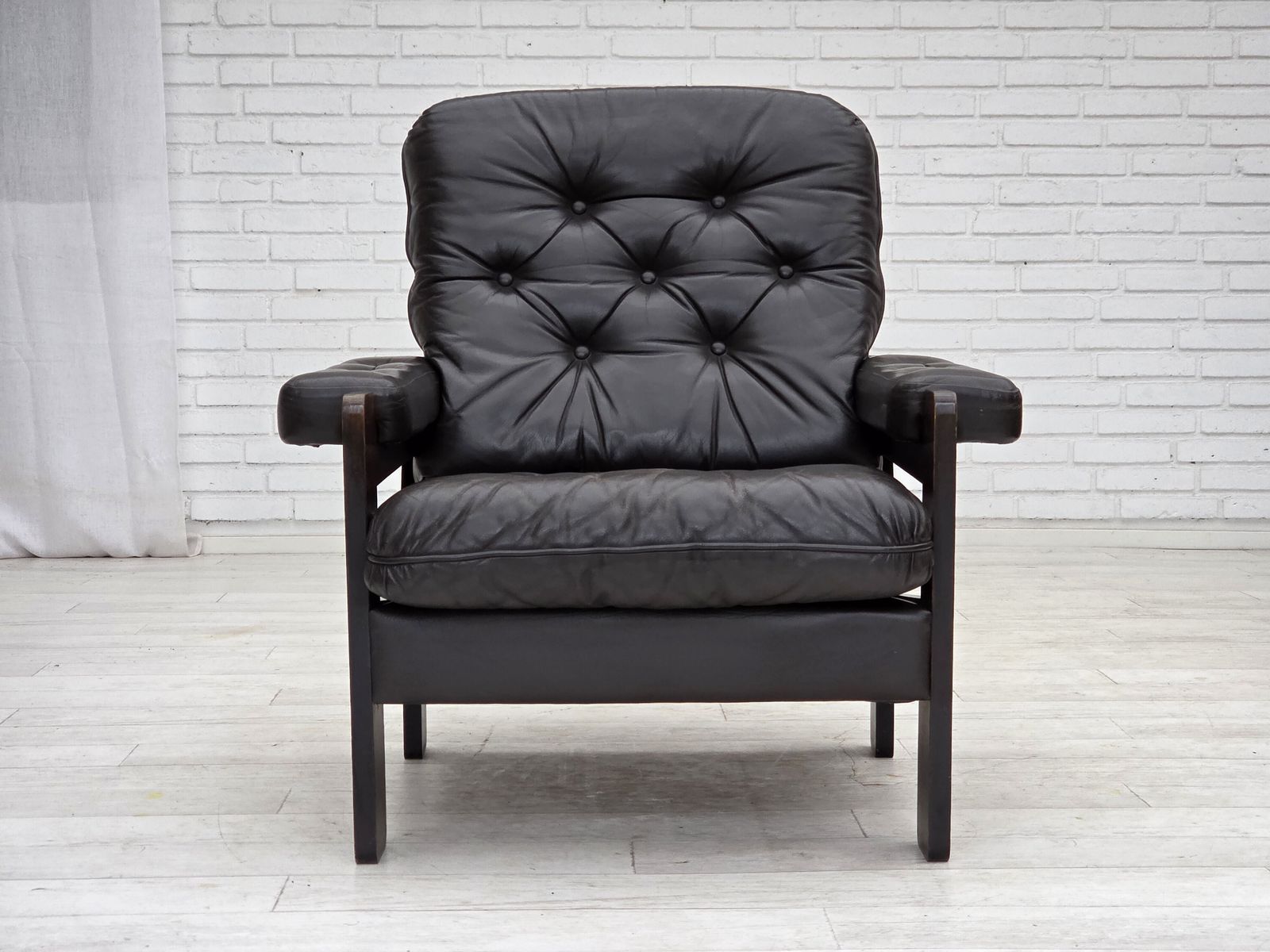 1970s, Danish Armchair, Brown Furniture Leather, Oak Wood. photo Furniture