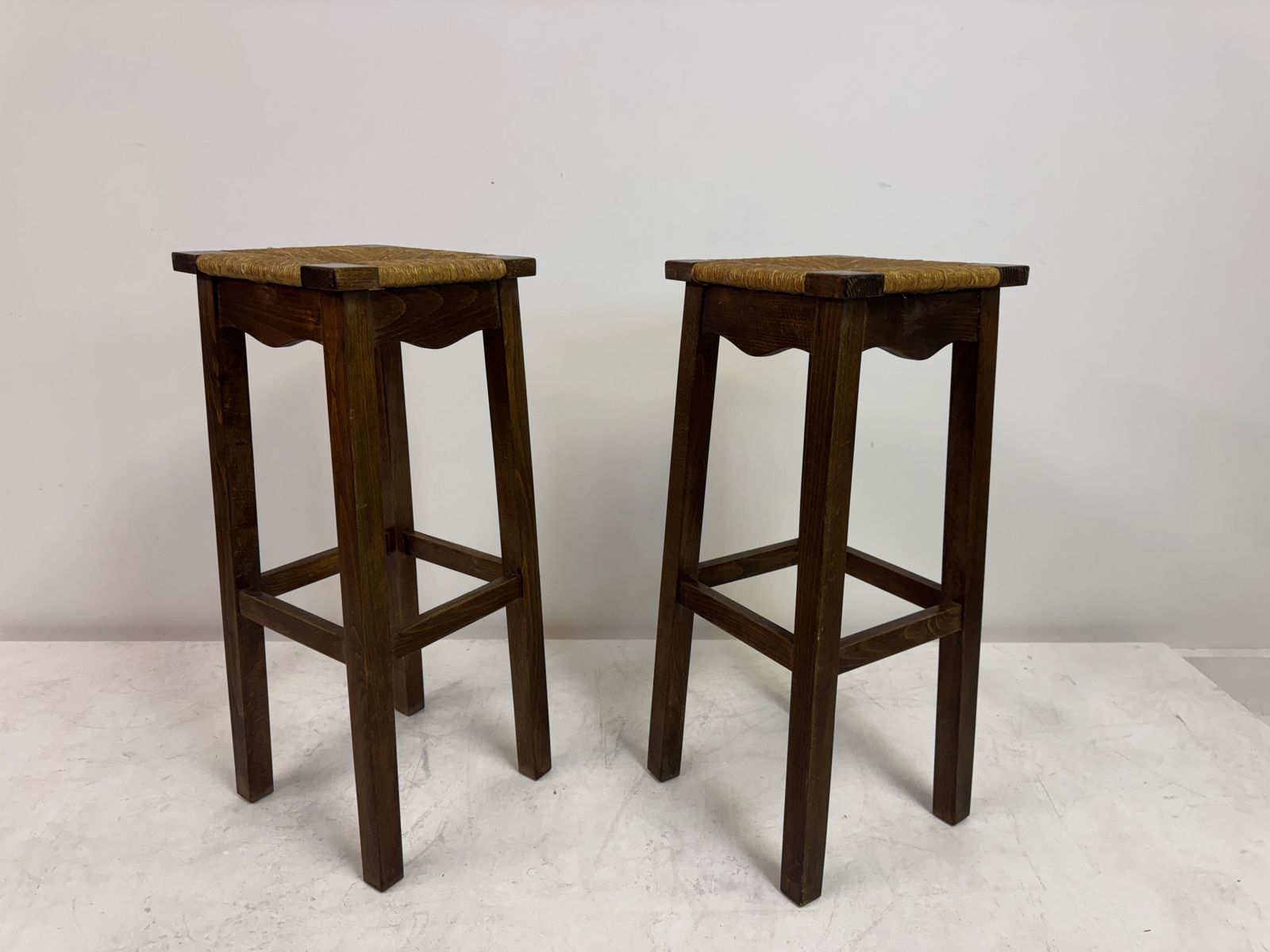 Pair Of Oak And Rush Bar Stools, France, 20th Century photo furniture