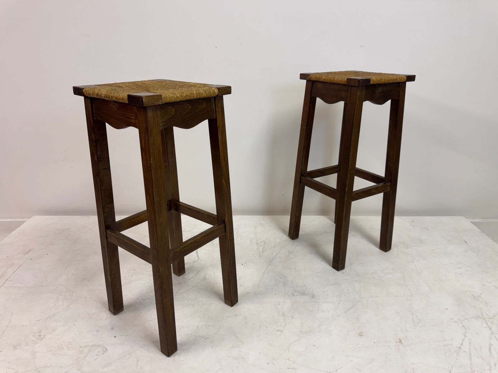 Pair Of Oak And Rush Bar Stools, France, 20th Century photo 495.0
