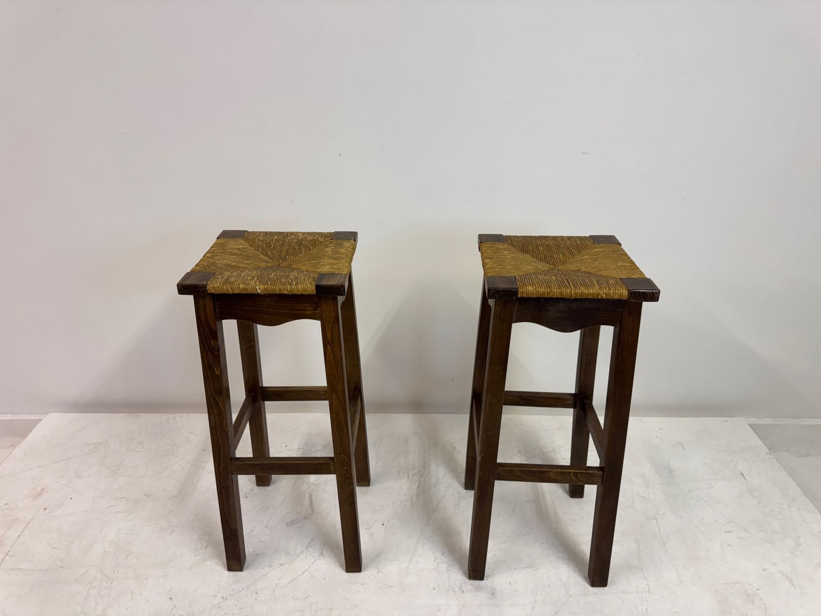 Pair Of Oak And Rush Bar Stools, France, 20th Century photo vinterior