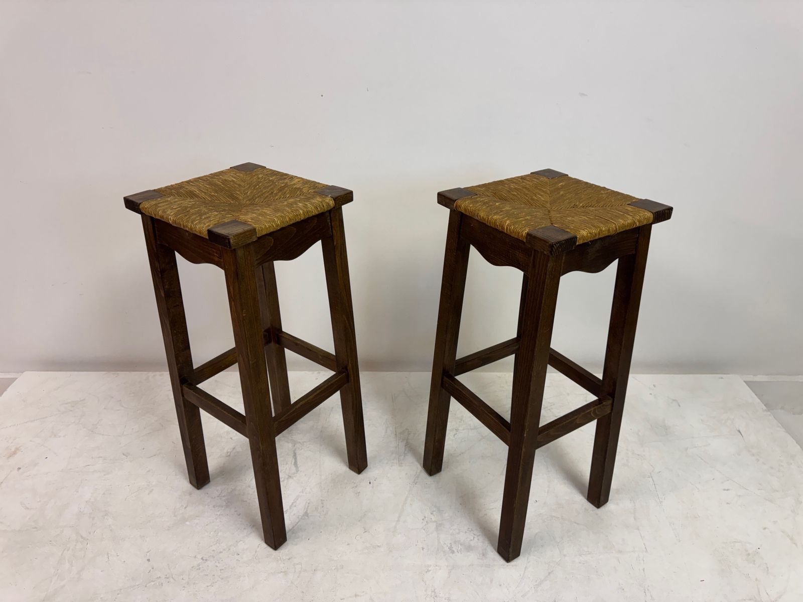 495.0 Pair Of Oak And Rush Bar Stools, France, 20th Century photo