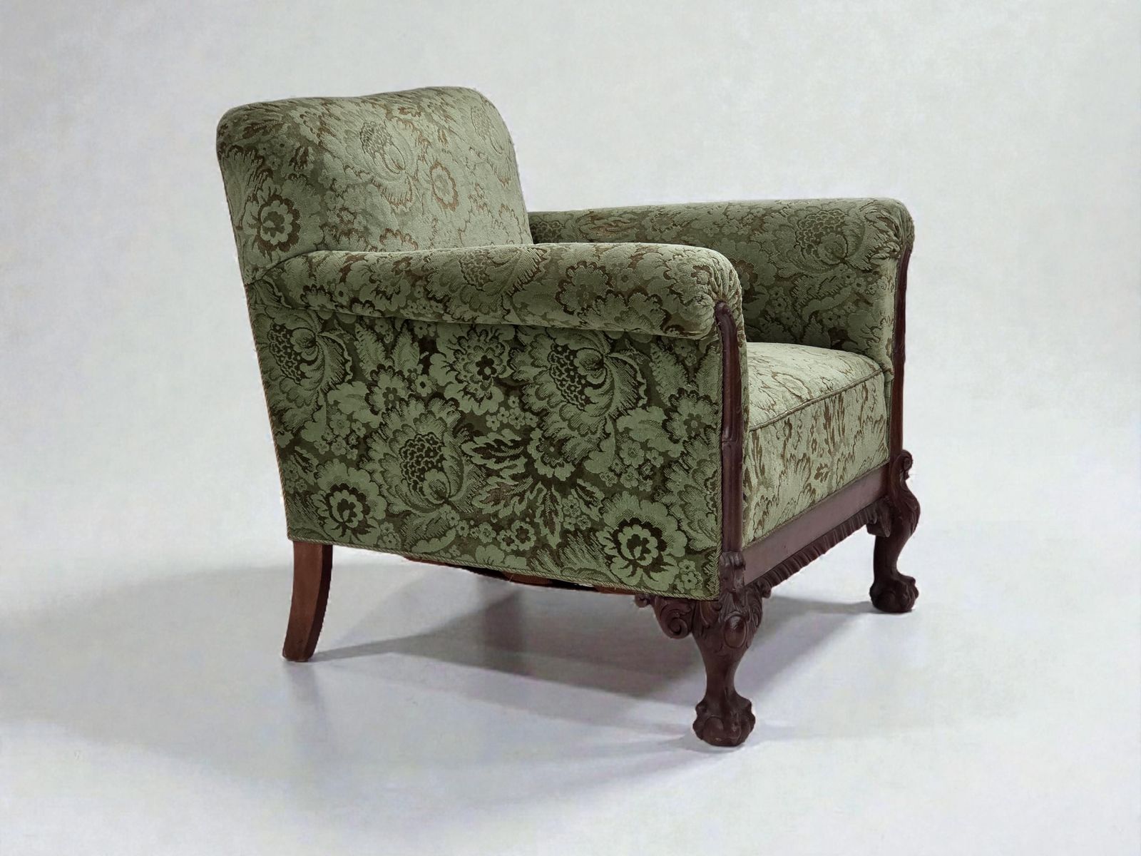 1950s, Danish Armchair, Green Furniture Velour, Carved Oak Wood.