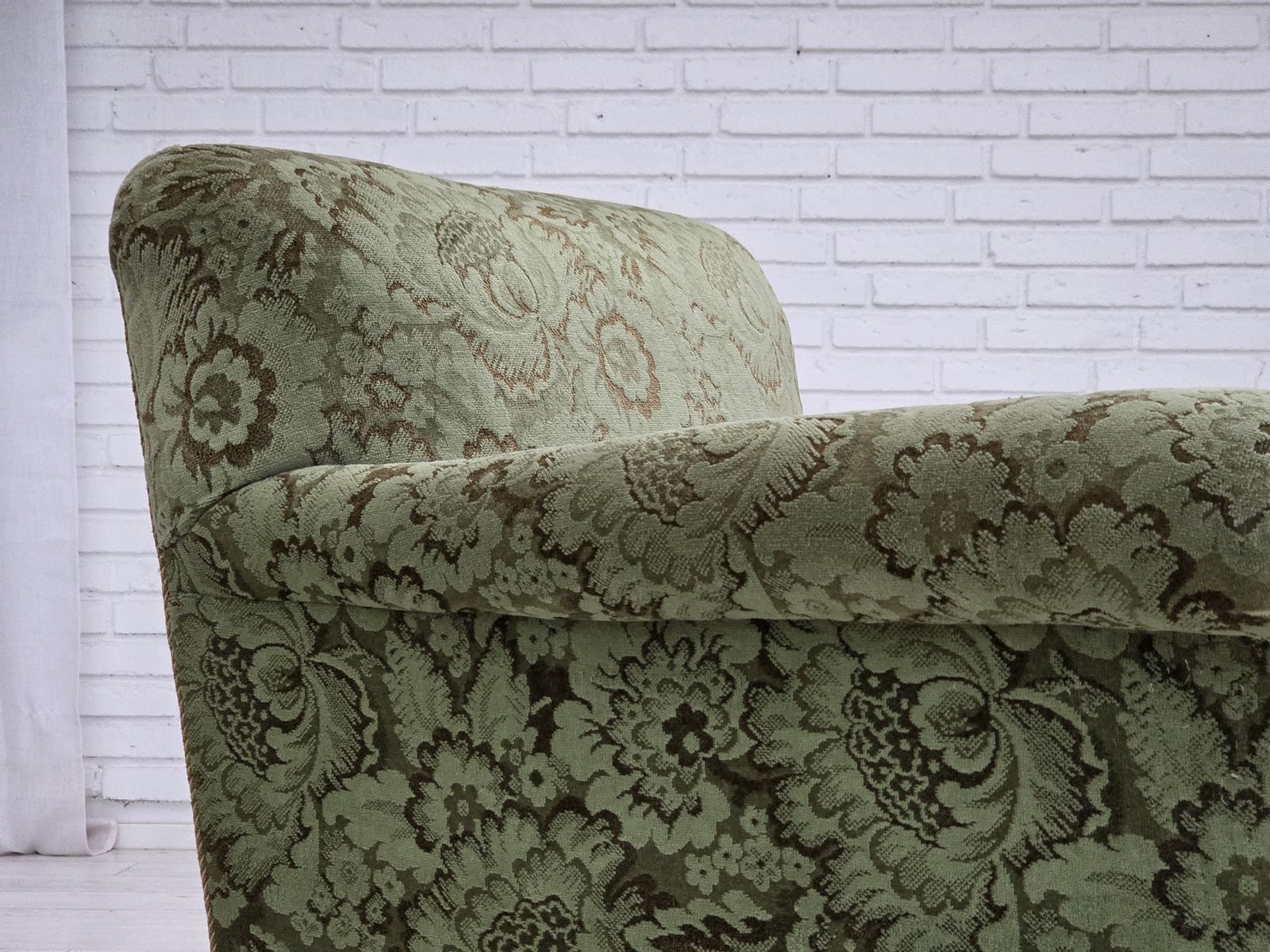 1950s, Danish Armchair, Green Furniture Velour, Carved Oak Wood. photo furniture