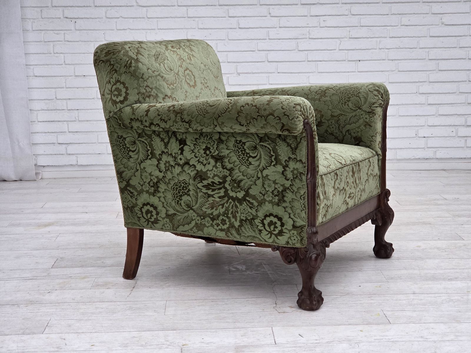photo furniture 1950s, Danish Armchair, Green Furniture Velour, Carved Oak Wood.