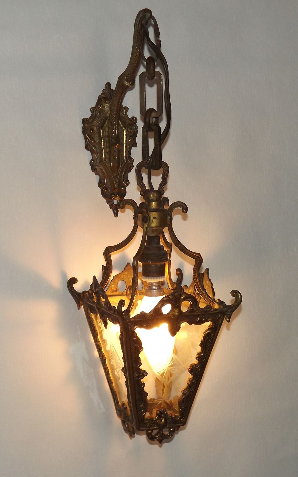 Lighting Antique French Bronze Wall Lamp Hanging Mini Lantern Etched Starburst Glass Panels photo