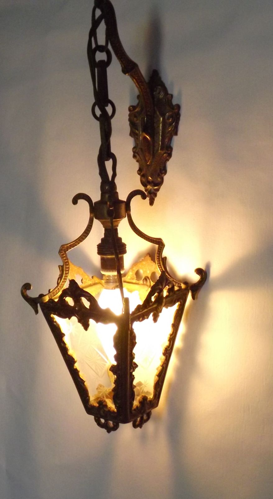 160.0 Antique French Bronze Wall Lamp Hanging Mini Lantern Etched Starburst Glass Panels photo