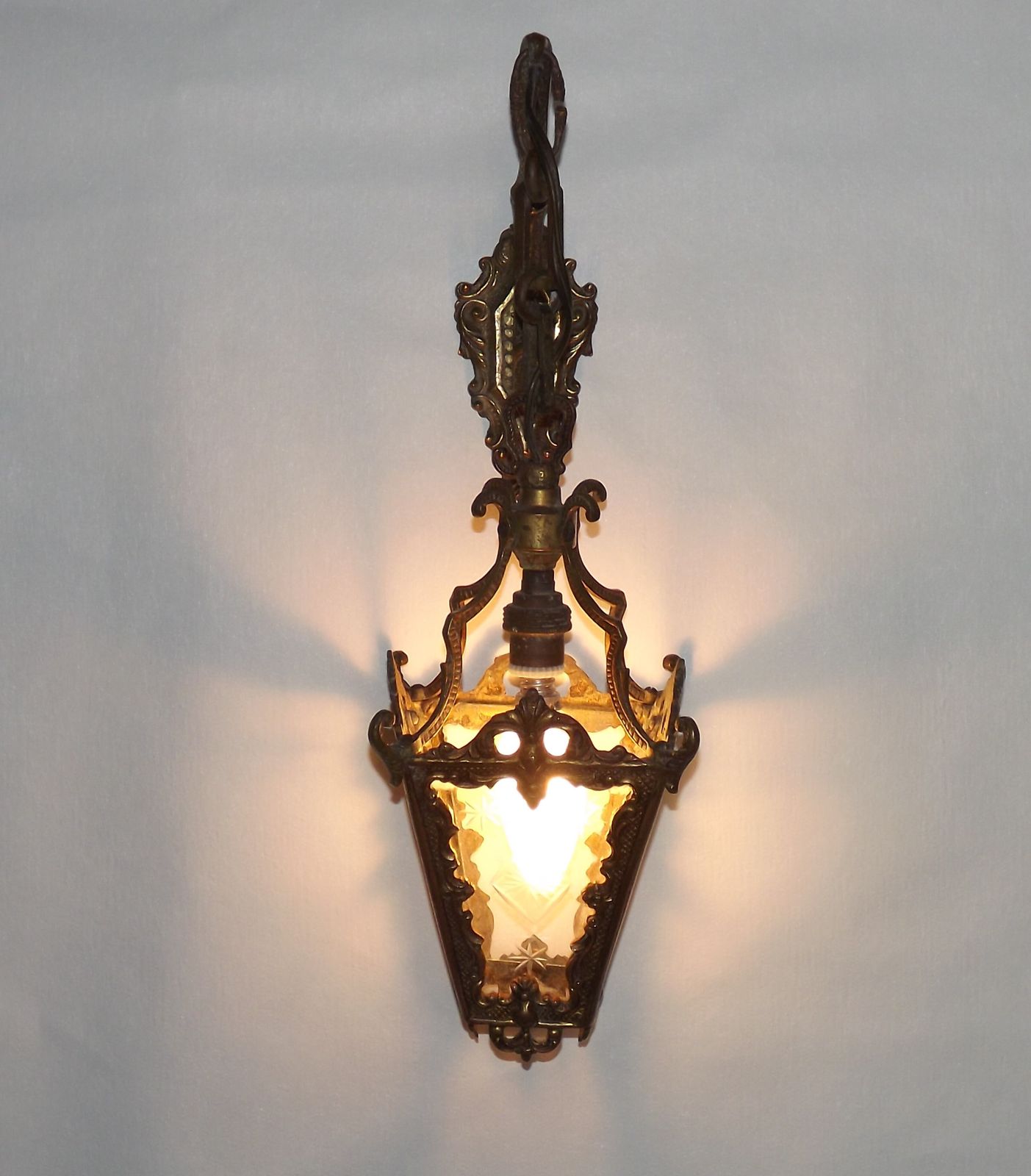 Antique French Bronze Wall Lamp Hanging Mini Lantern Etched Starburst Glass Panels
