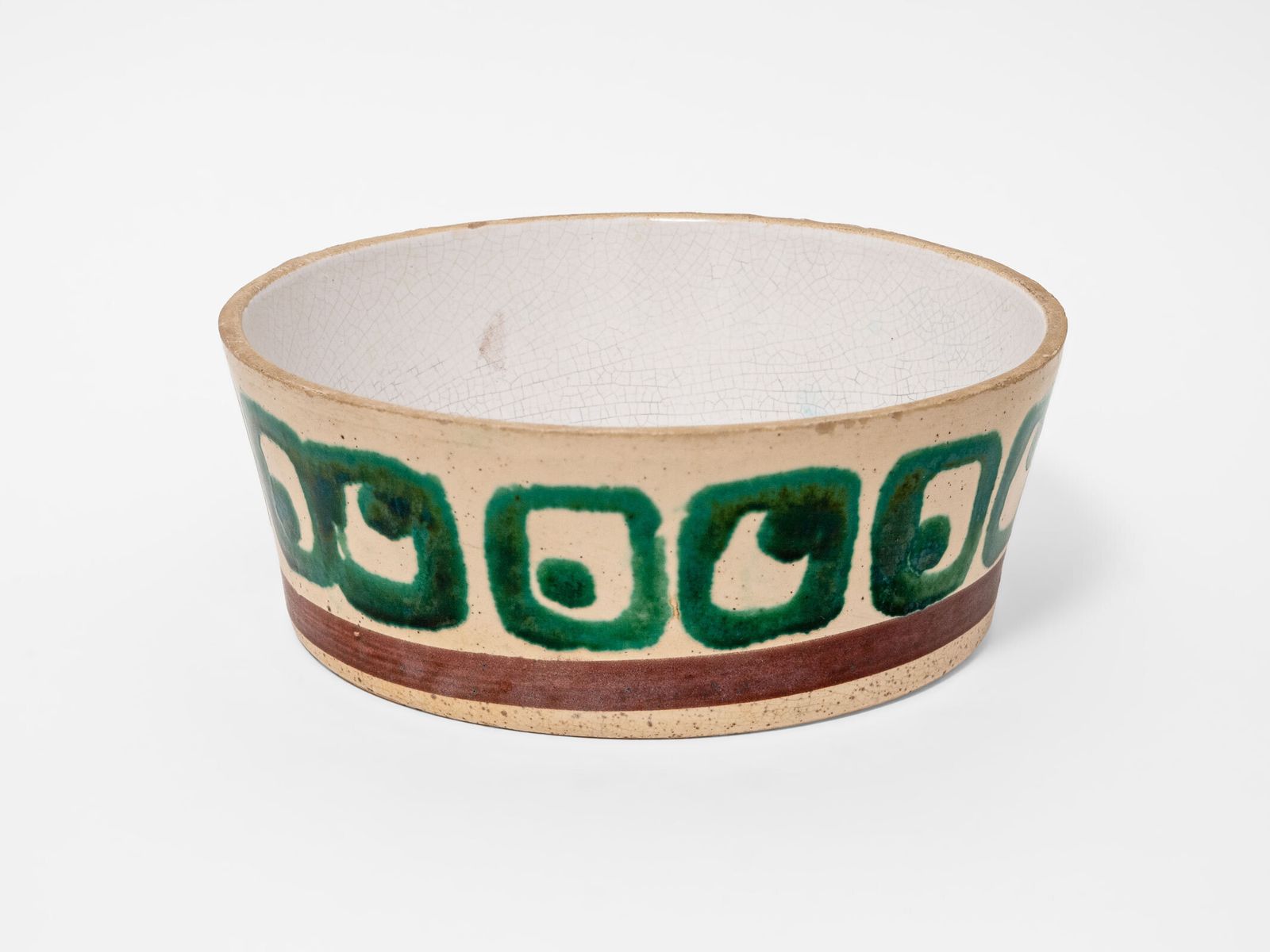 Large Ceramic Dish Bowl Hand Painted Green Tan Brown Glaze: Vintage Mid Century Homeware 1960s