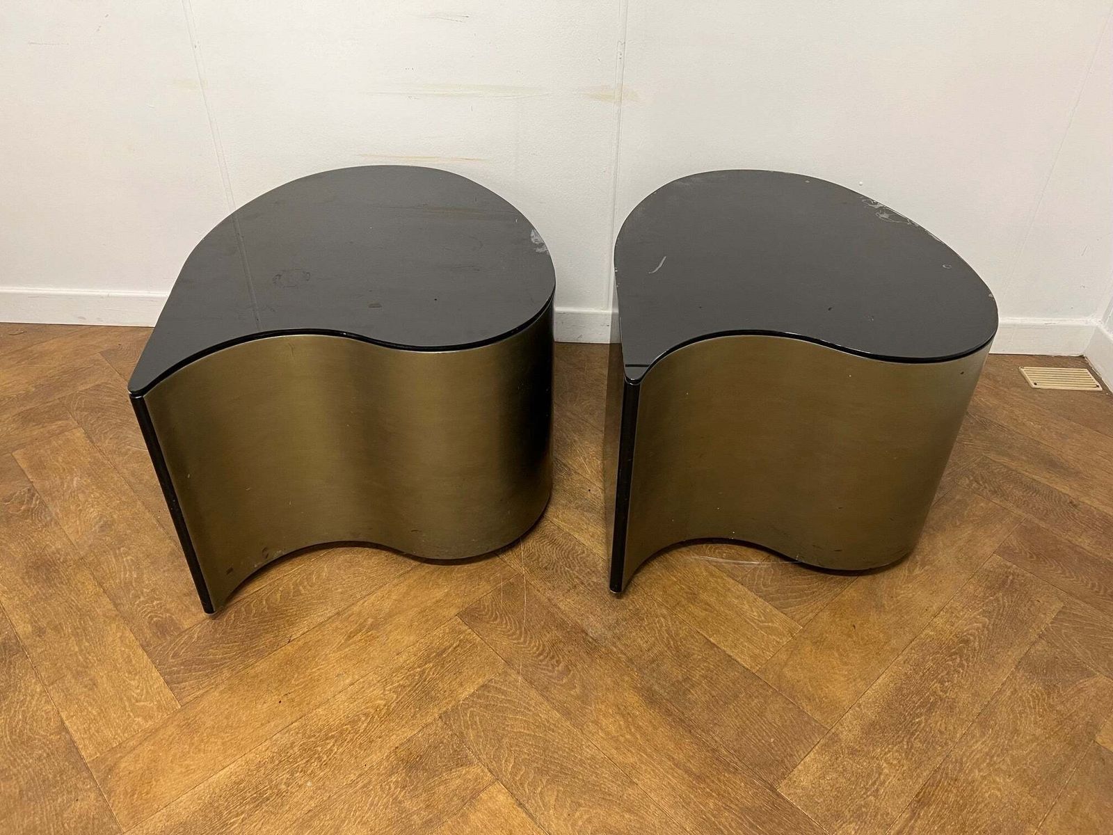 A Pair Of Art Deco Style Teardrop Shaped Side/Coffee Tables With A Cut Glass Top Painted Black.