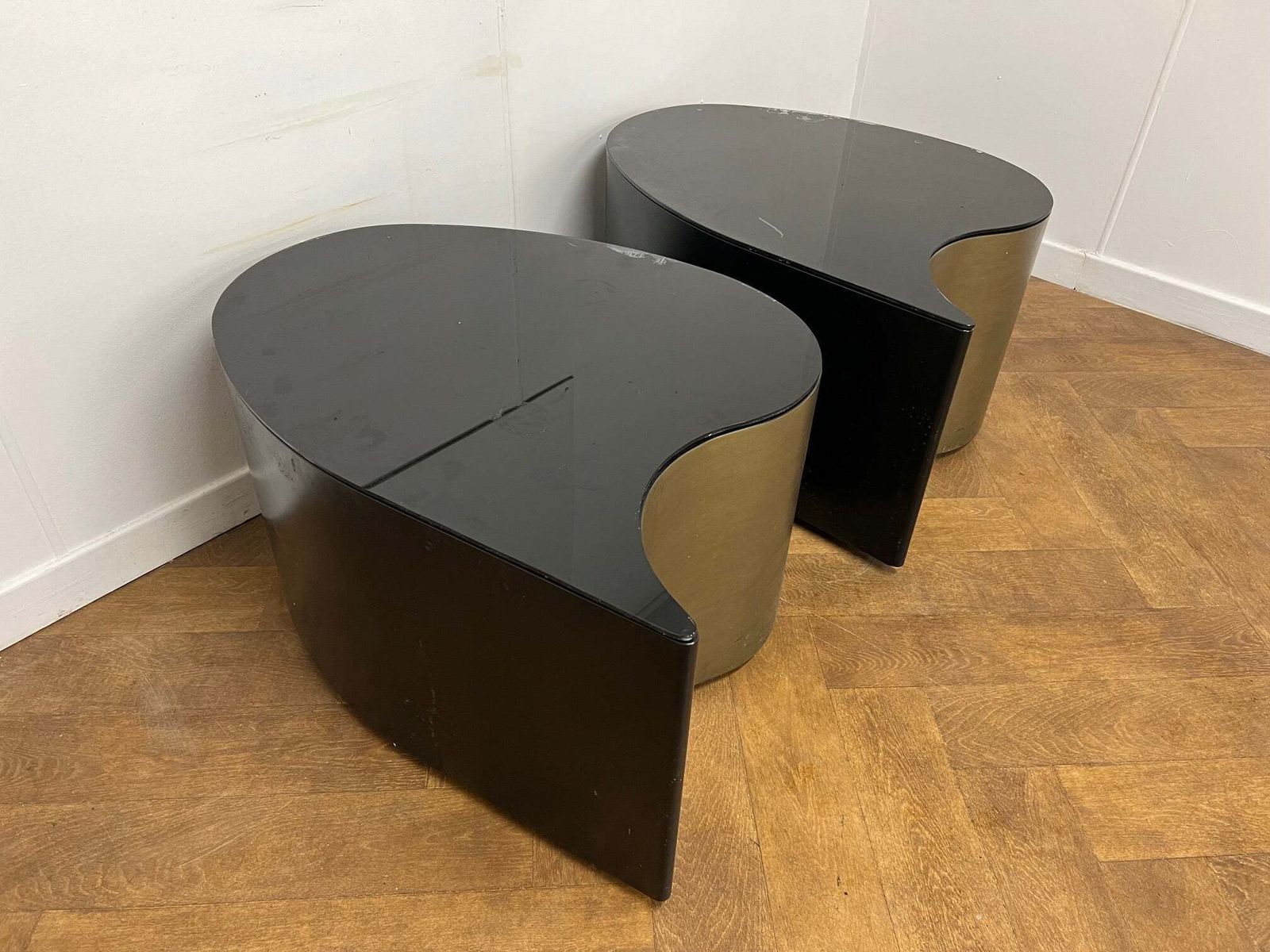 A Pair Of Art Deco Style Teardrop Shaped Side/Coffee Tables With A Cut Glass Top Painted Black. photo for sale