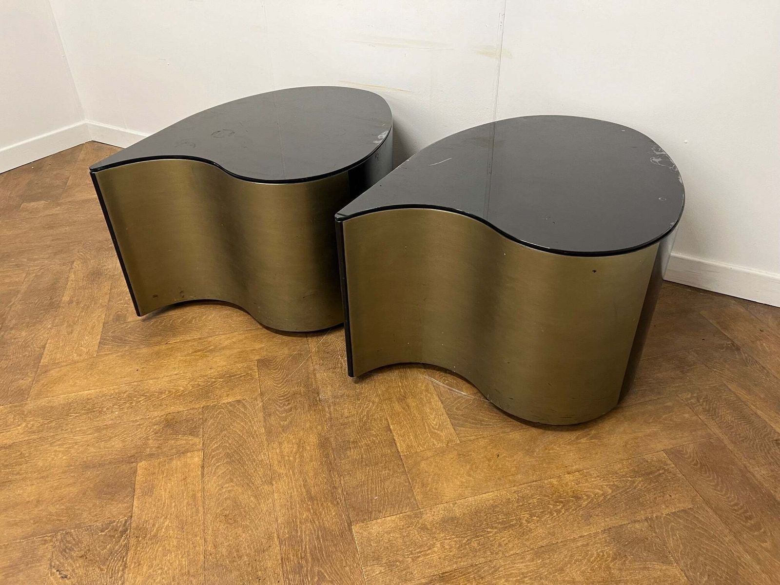 A Pair Of Art Deco Style Teardrop Shaped Side/Coffee Tables With A Cut Glass Top Painted Black. photo Furniture