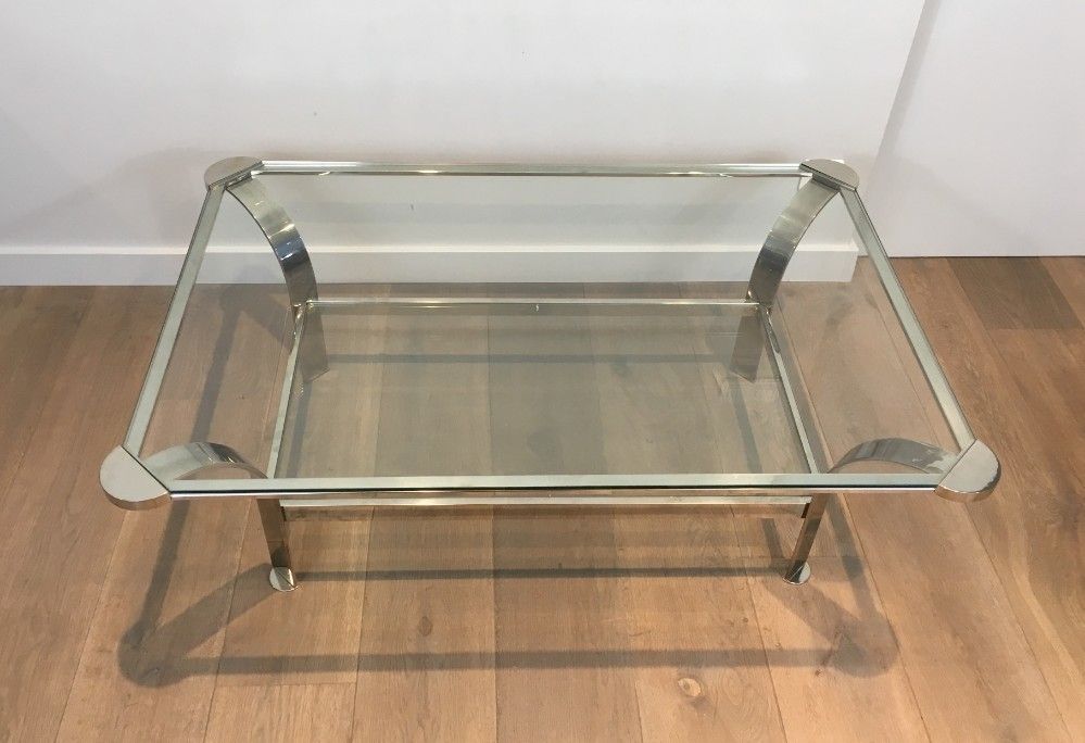 Large Design Chrome Coffee Table With Glass Shelves. French. Circa 1970 photo for sale