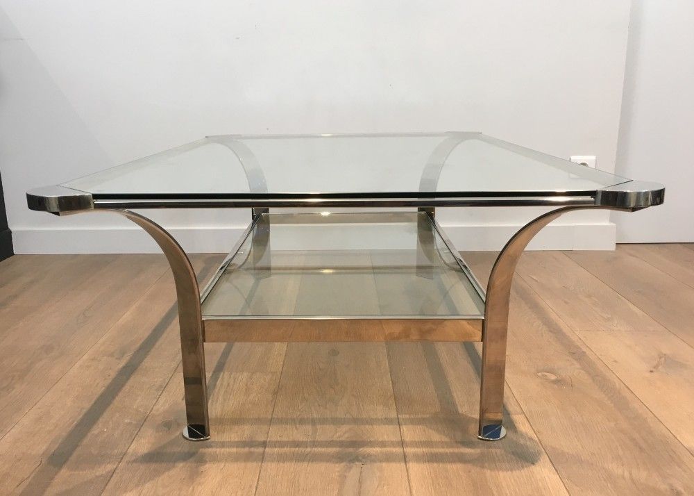 Large Design Chrome Coffee Table With Glass Shelves. French. Circa 1970 photo vinterior
