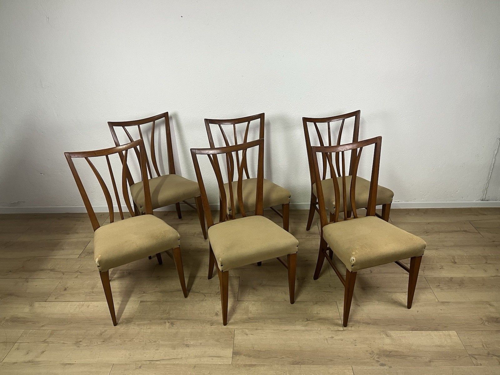 Set Of 6 Curved Wood Fabric Tempestini Chairs 1950’ Vintage Design photo furniture