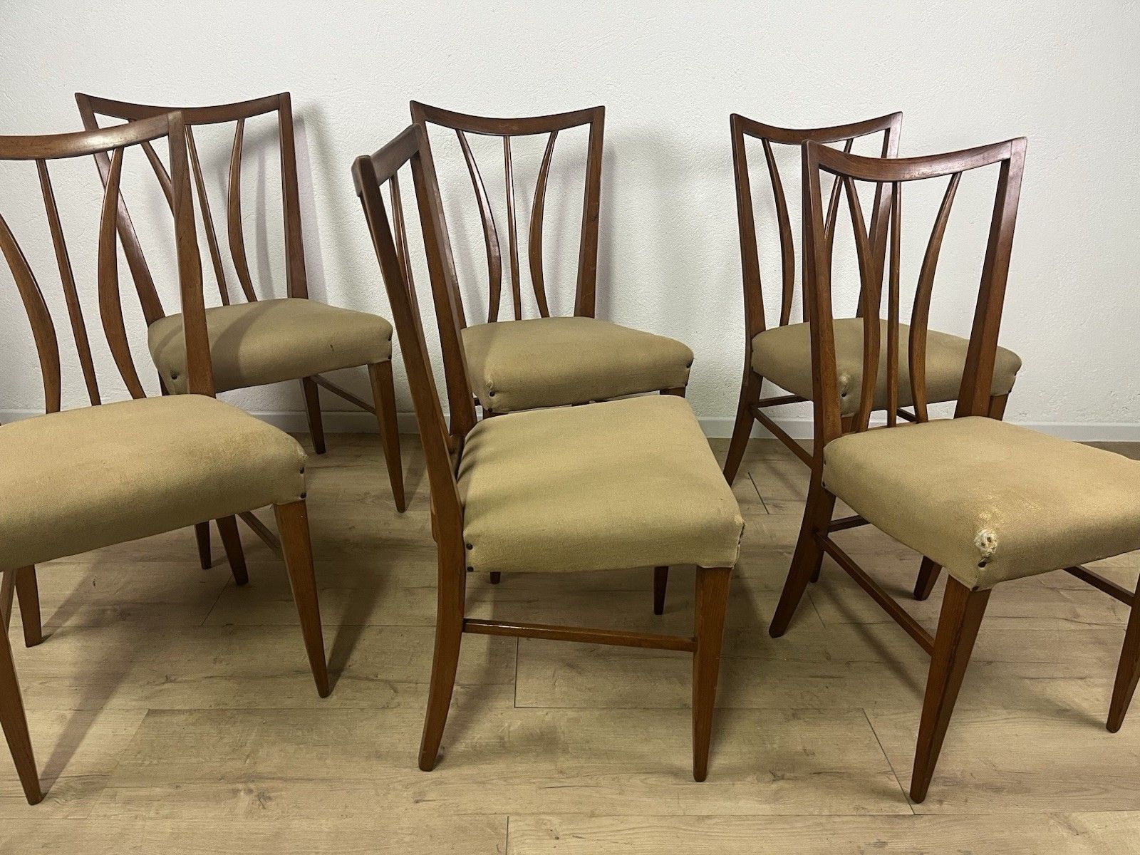Furniture Set Of 6 Curved Wood Fabric Tempestini Chairs 1950’ Vintage Design photo