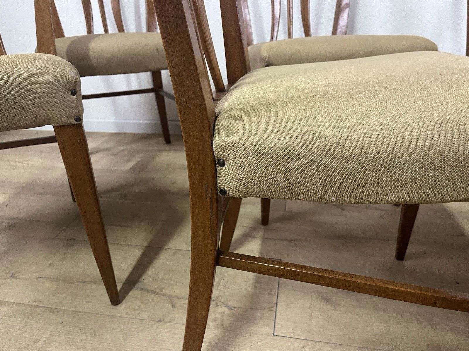 photo vinterior Set Of 6 Curved Wood Fabric Tempestini Chairs 1950’ Vintage Design
