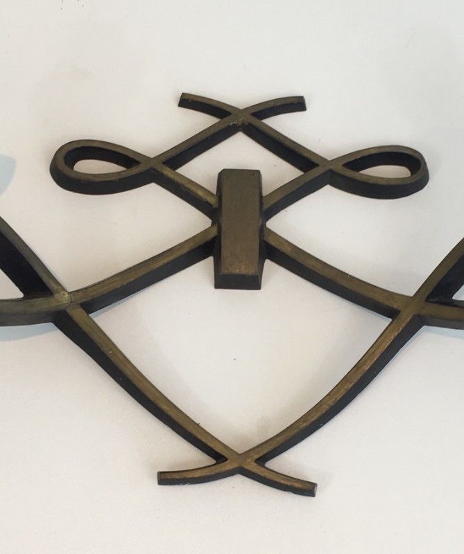 In The Style Of Jules Leleu. Pair Of Black Lacquered And Brass Design Wall Sconces. Circa 1950 photo 850.0