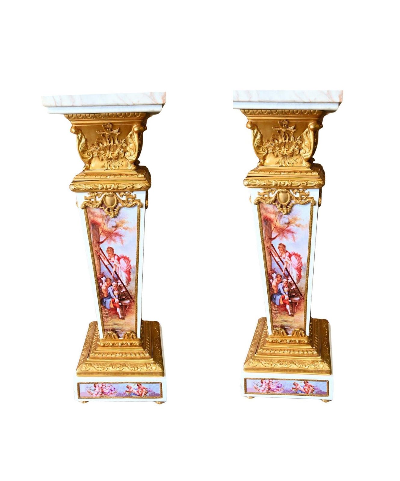 Pair Of Sevres Style Porcelain Gilt Bronze Pedestals Louis XVI Reviva