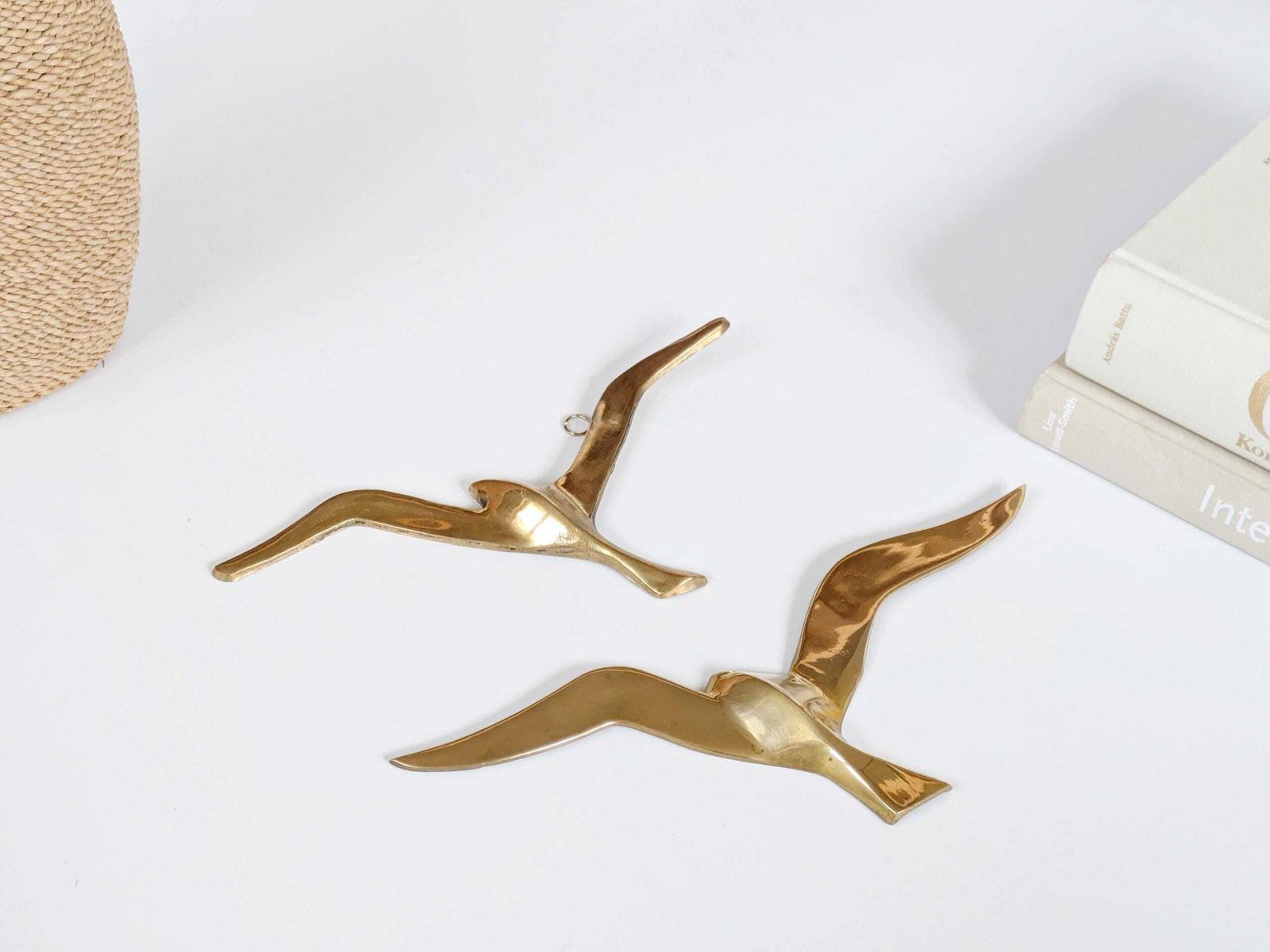 Set Of 2 Midcentury Brass Flying Birds: 1960s Minimalist Sculptural Seagull Wall Art