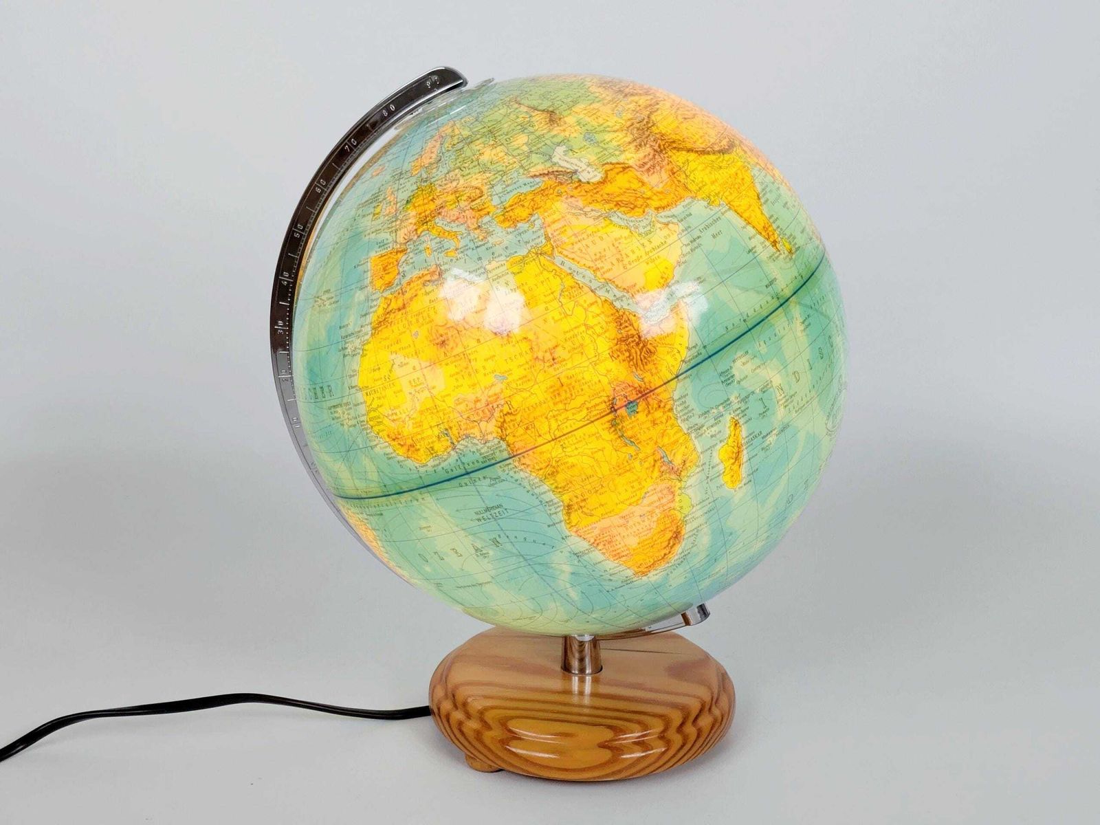 photo for sale Vintage 1980s Columbus Duplex Illuminated Globe: Political & Physical Map, Pine Wood Base, European Plug