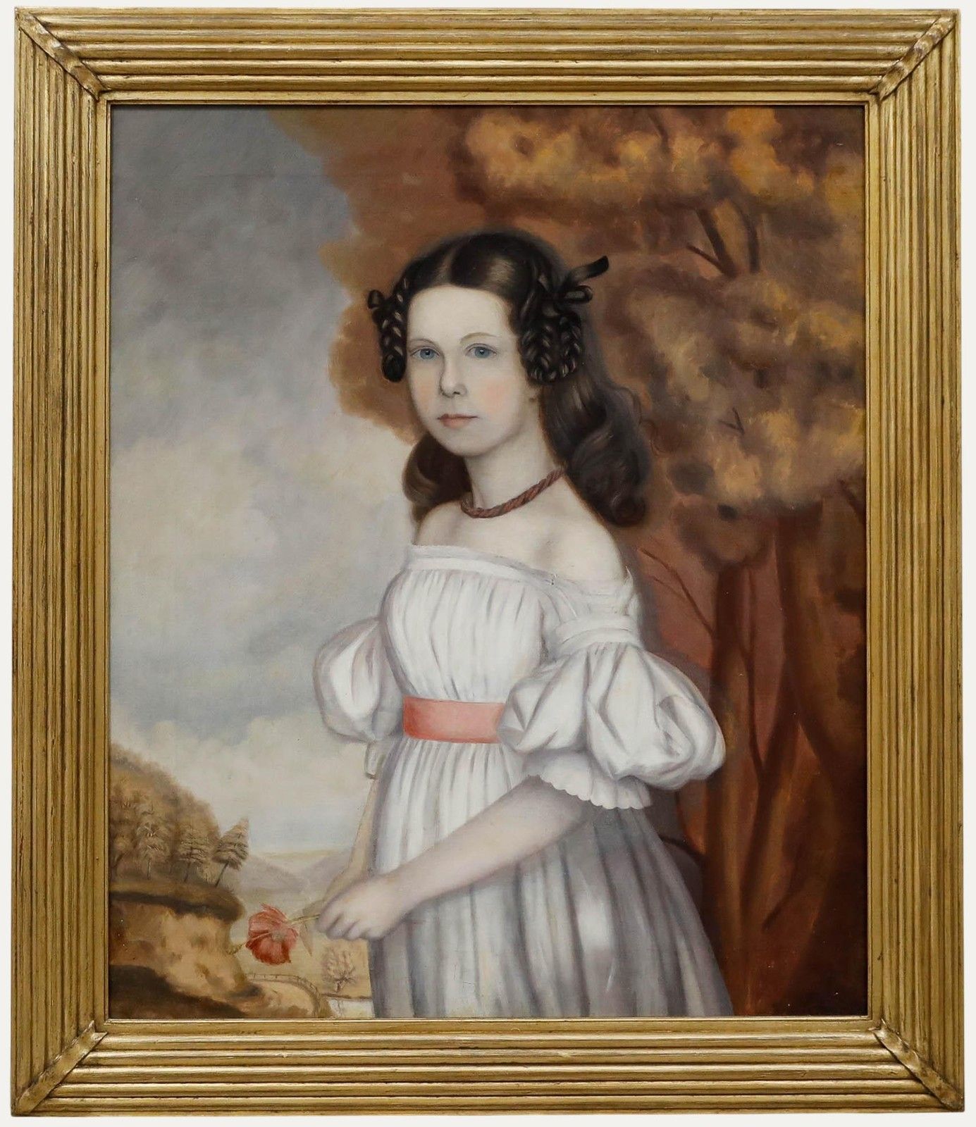 Framed 19th Century Oil Portrait Of Young Girl Holding A Flower