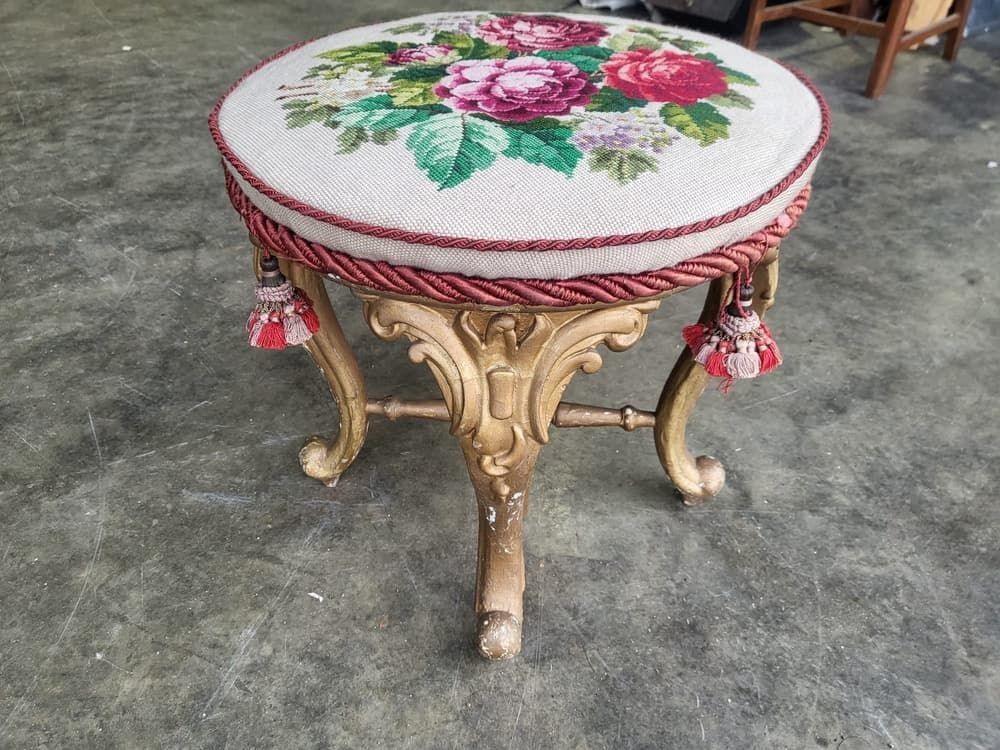 Antique Victorian Round Gilt Cabriole Legs Tapestry Stool Seat photo vintage