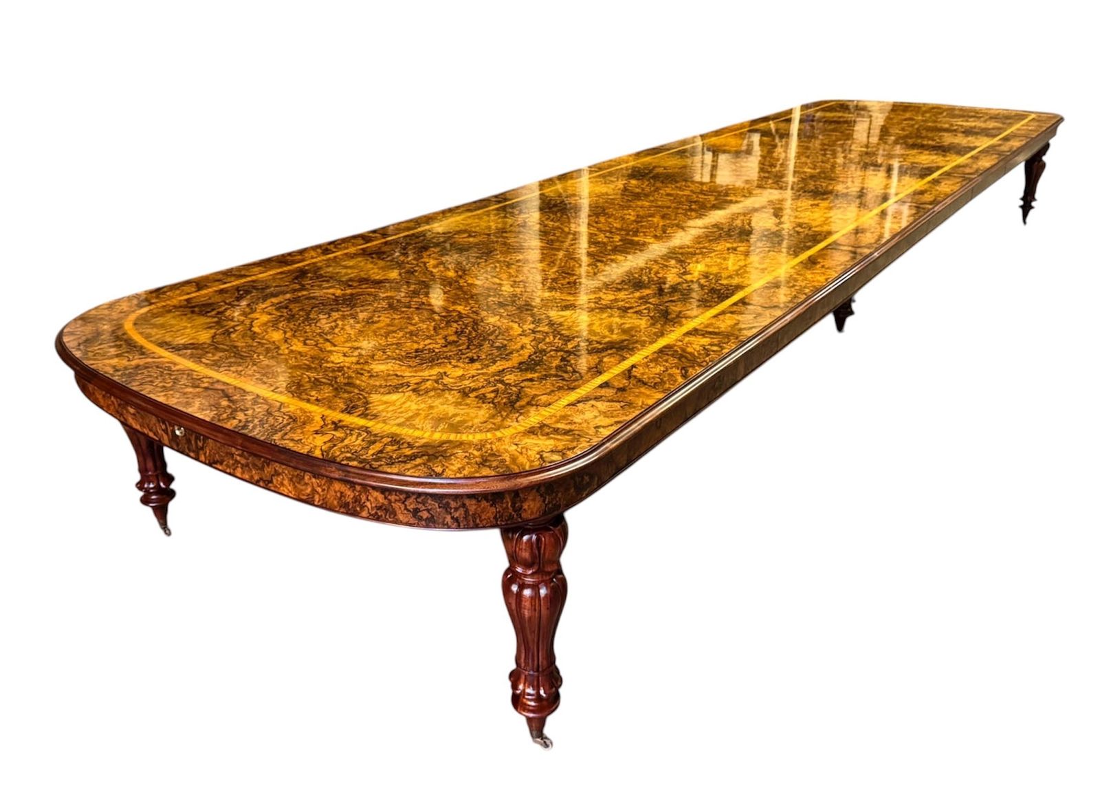 Huge Bespoke 22ft Burr Walnut & Crossbanded Dining Table & 22chairs photo for sale