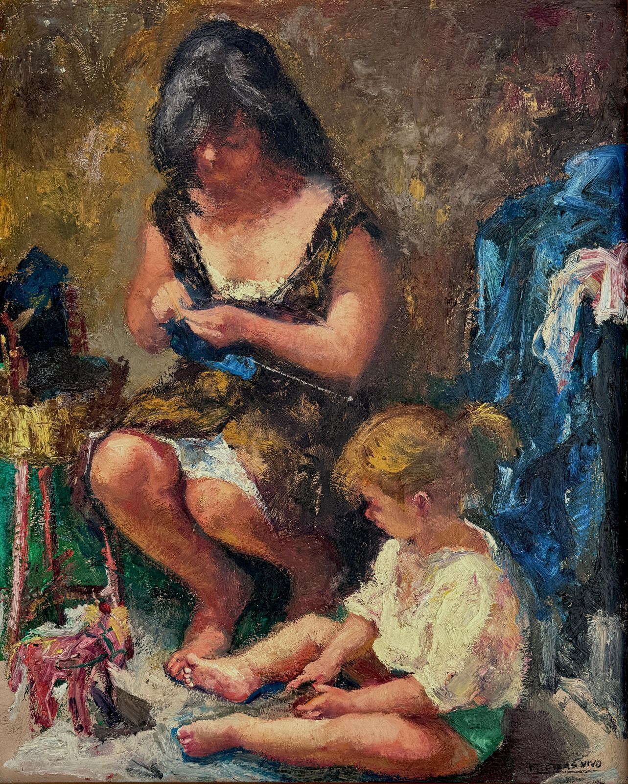Amadeo Freixas Vivó – Moeder En Dochter – Olieverf Op Doek, Ca. 1960