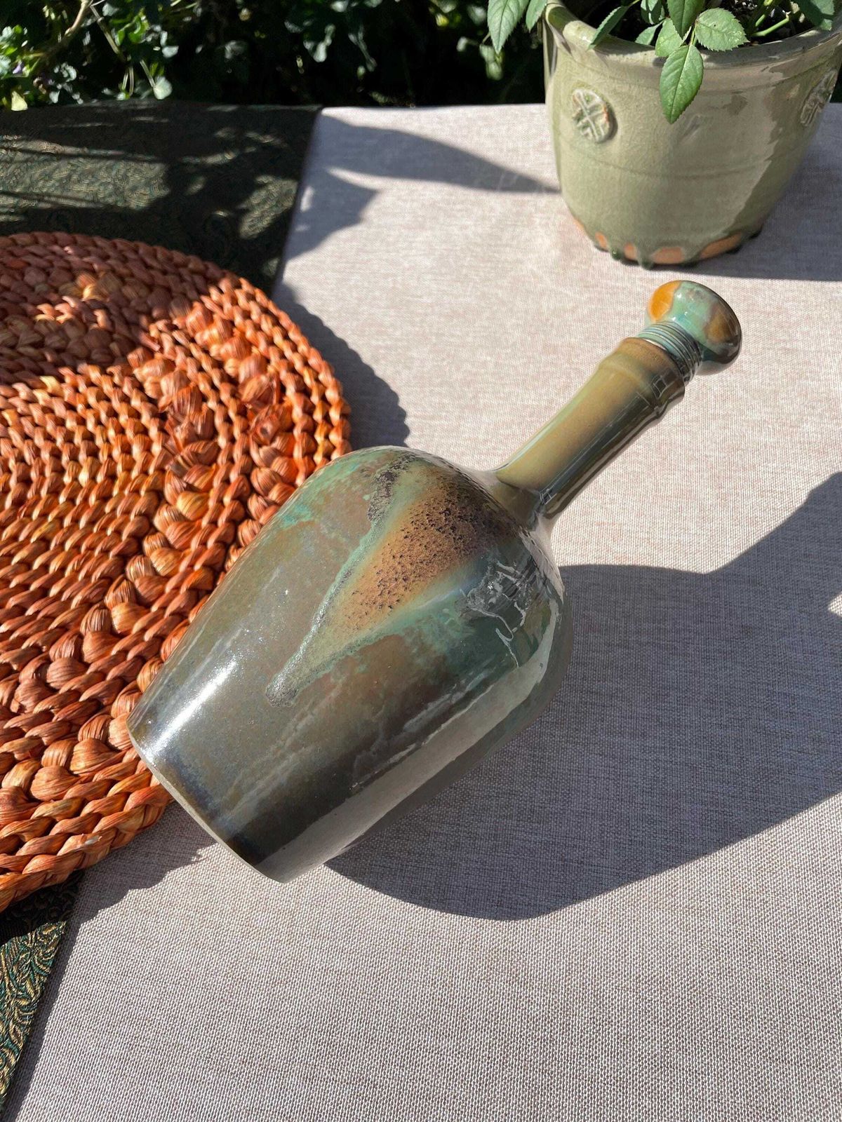 Ceramic Bottle   Port Wine   Green Brown Glaze   French   Les Vernes photo furniture