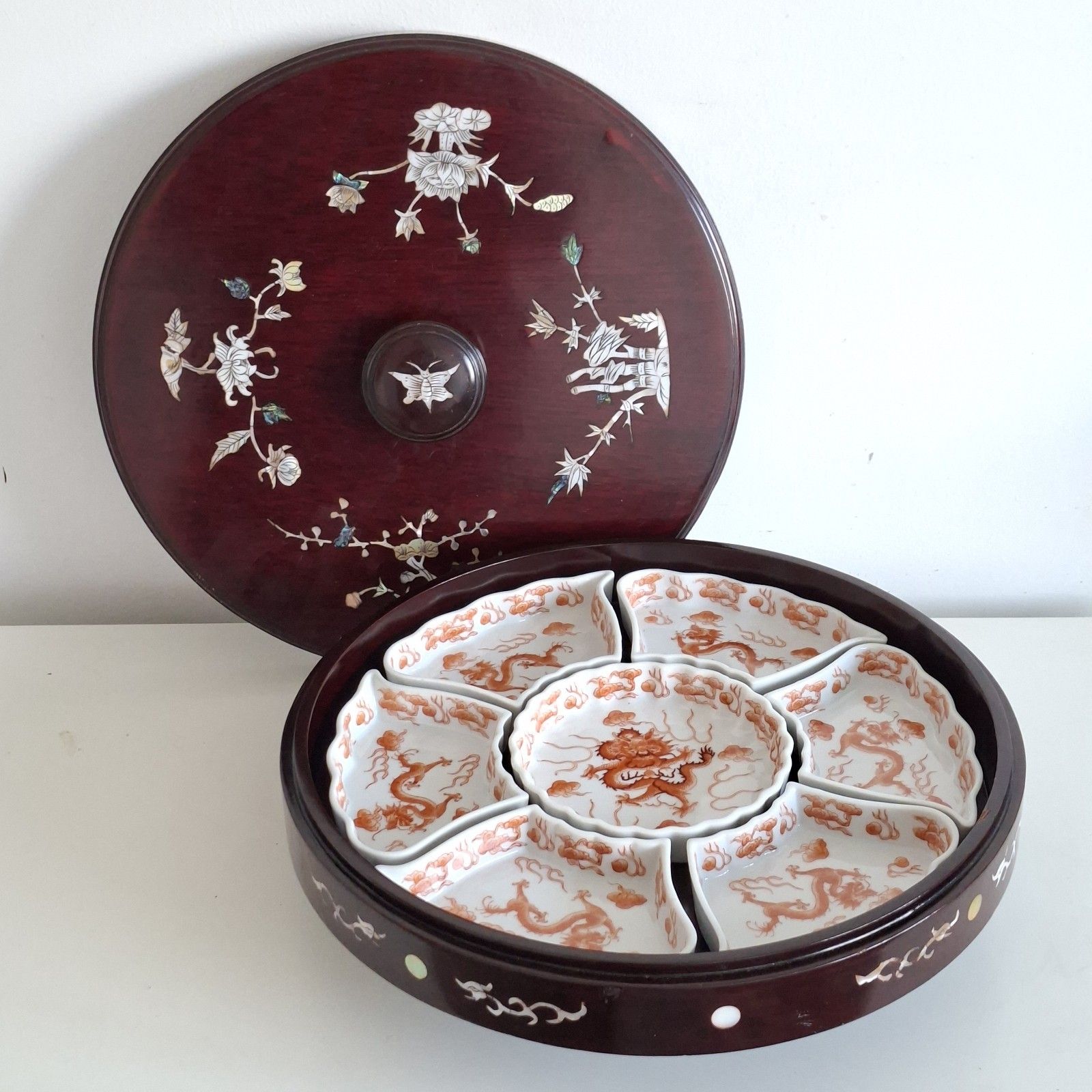 Chinese Lazy Suzan Laquered Wood Porcelain Mother Peari Inlaid Rotating Vintage