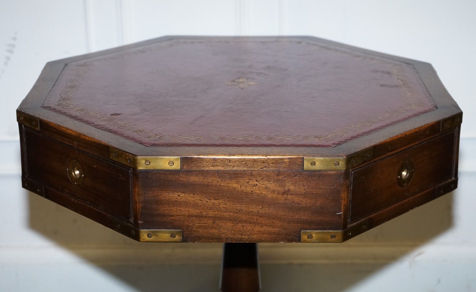 photo furniture Revolving Military Campaign Burgundy Leather Drum Side End Table Bevan Funnell